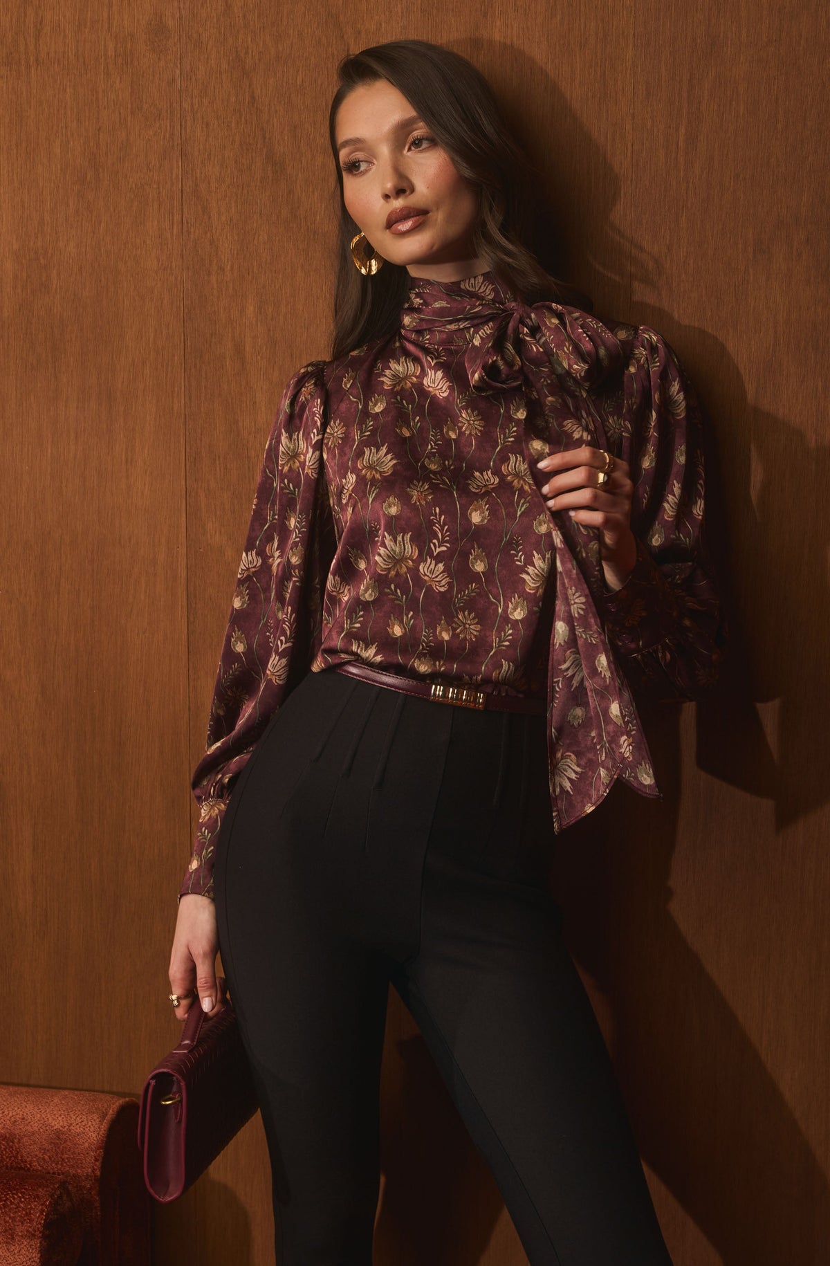 Johnna Floral Satin Tie Neck Blouse