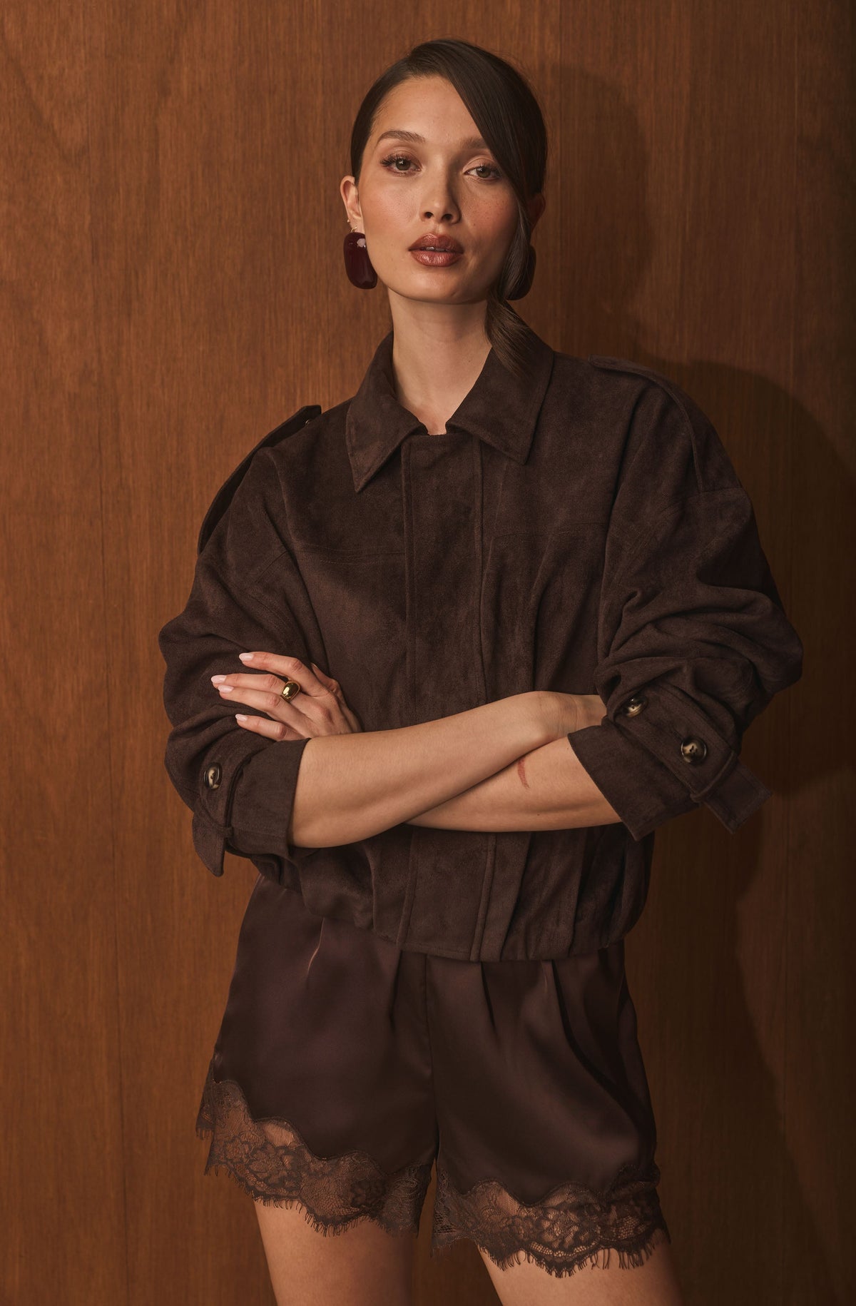 Evin Faux Suede Hem Bomber Jacket