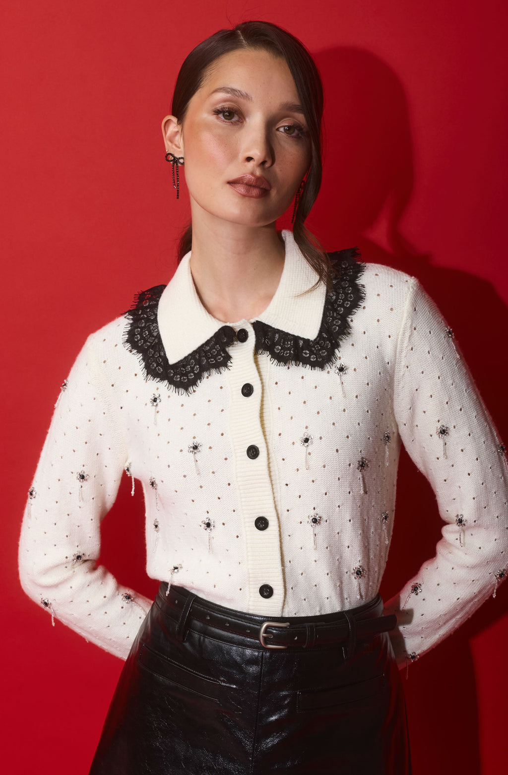 Dallyn Lace Collar Embellished Pointelle Cardigan