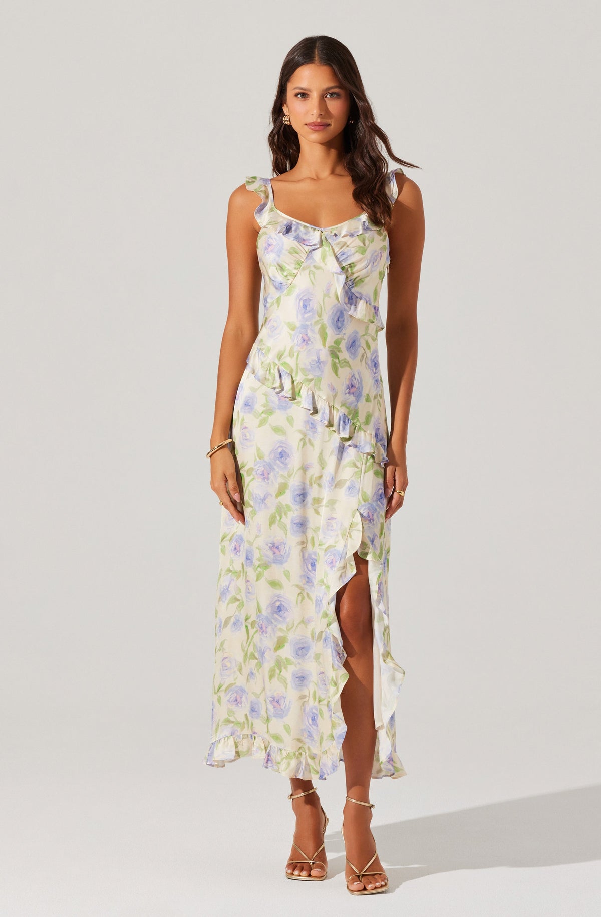 Rosalina Satin Ruffle Midi Dress
