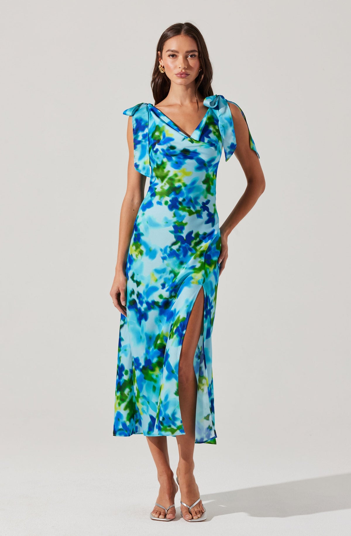 Allexina Satin Cowl Neck Midi Dress