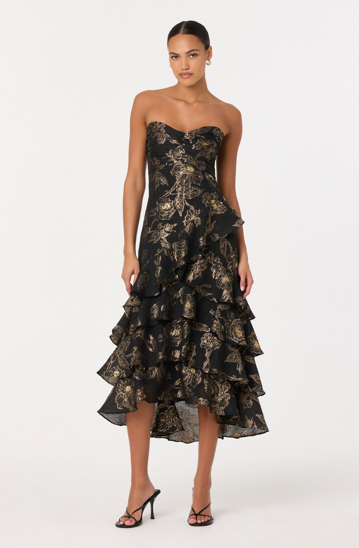 Marysia Strapless Metallic Floral Midi Dress