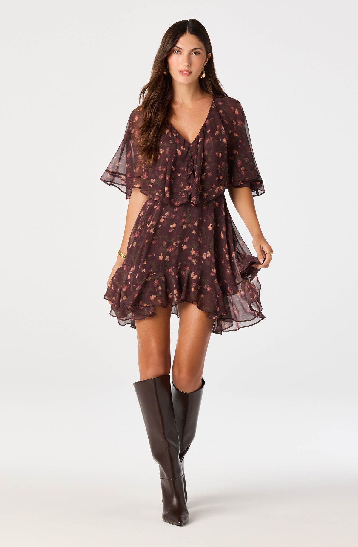 Lilah Floral Cape-Sleeve Mini Dress