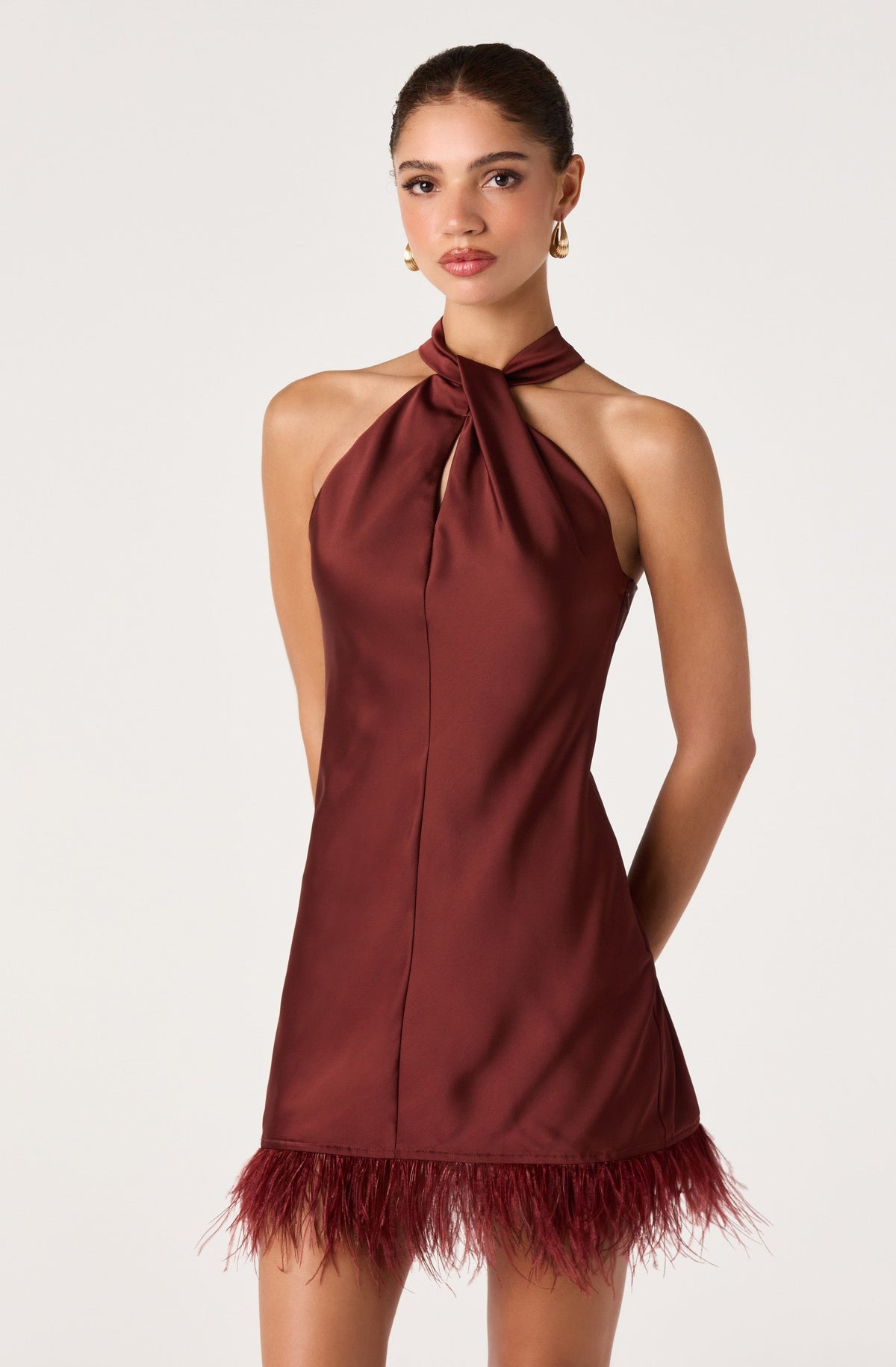 Triniti Feather Trim Halter Mini Dress