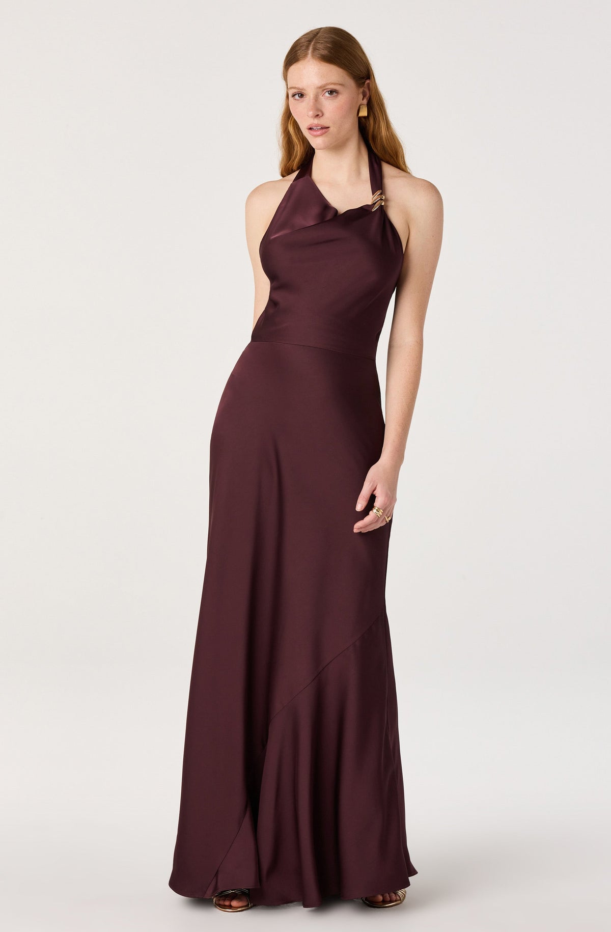 Sinclair Asymmetric Satin Halter Maxi Dress