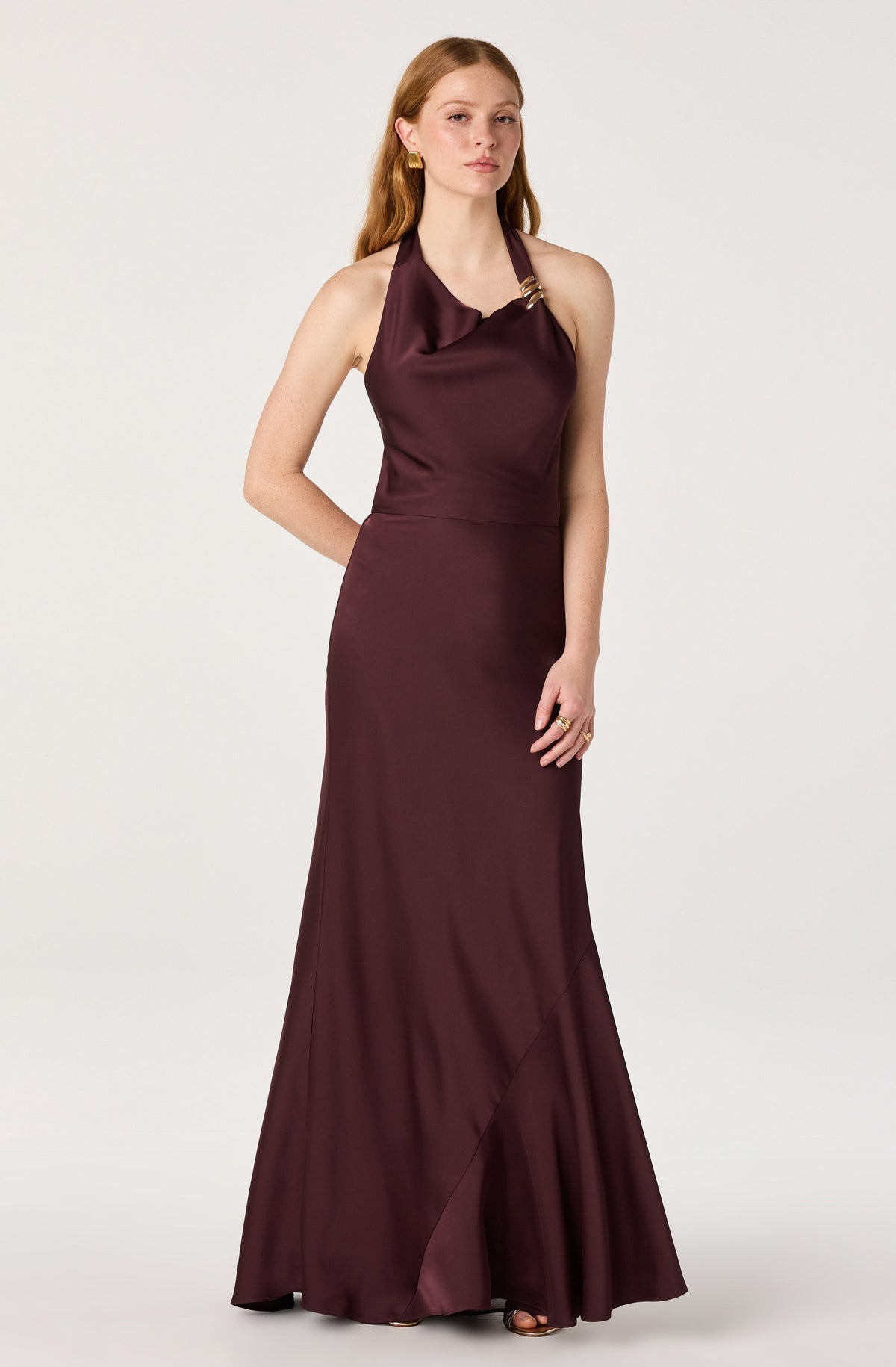 Sinclair Asymmetric Satin Halter Maxi Dress