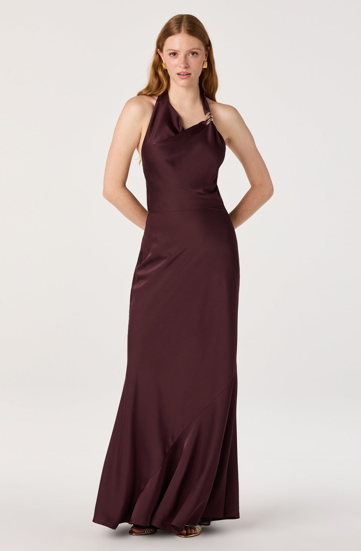 Sinclair Asymmetric Satin Halter Maxi Dress