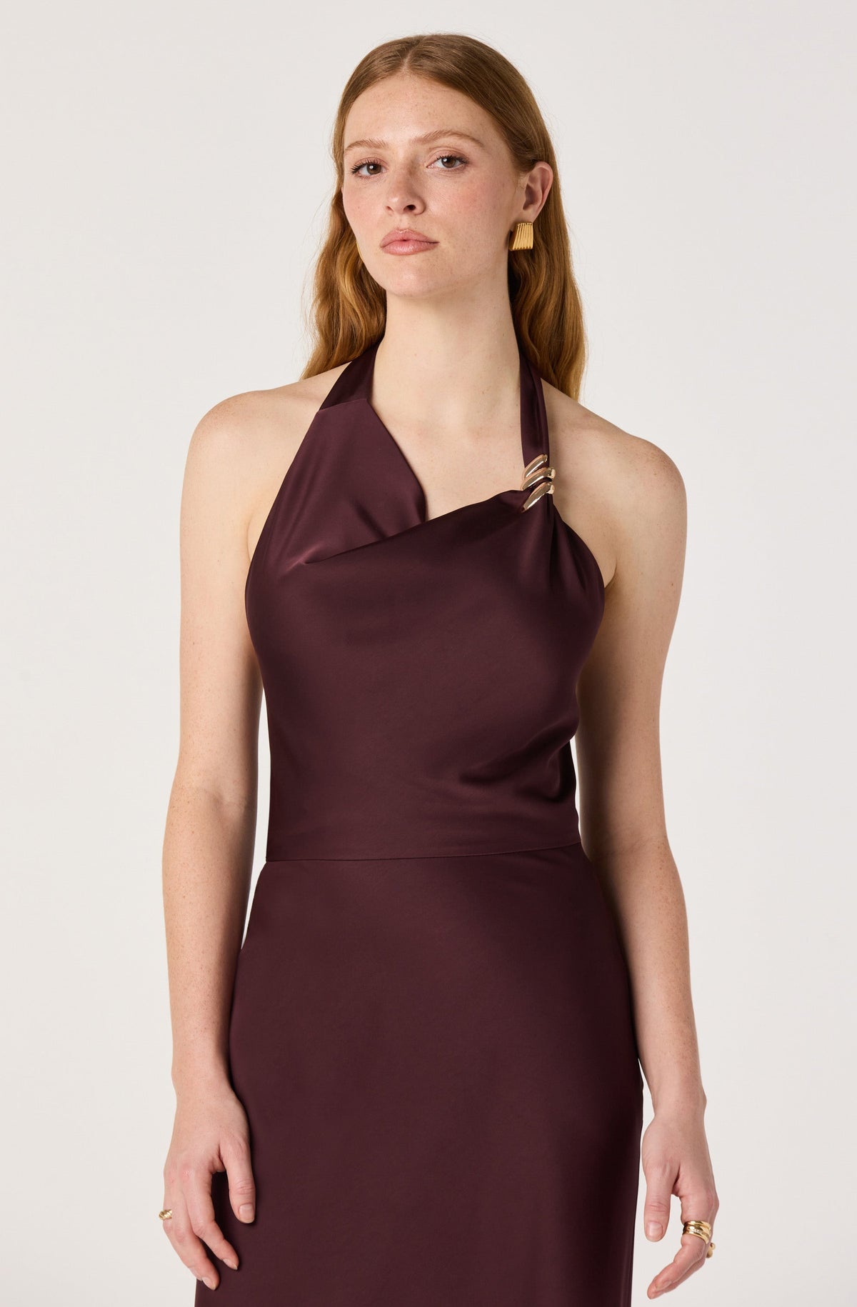 Sinclair Asymmetric Satin Halter Maxi Dress