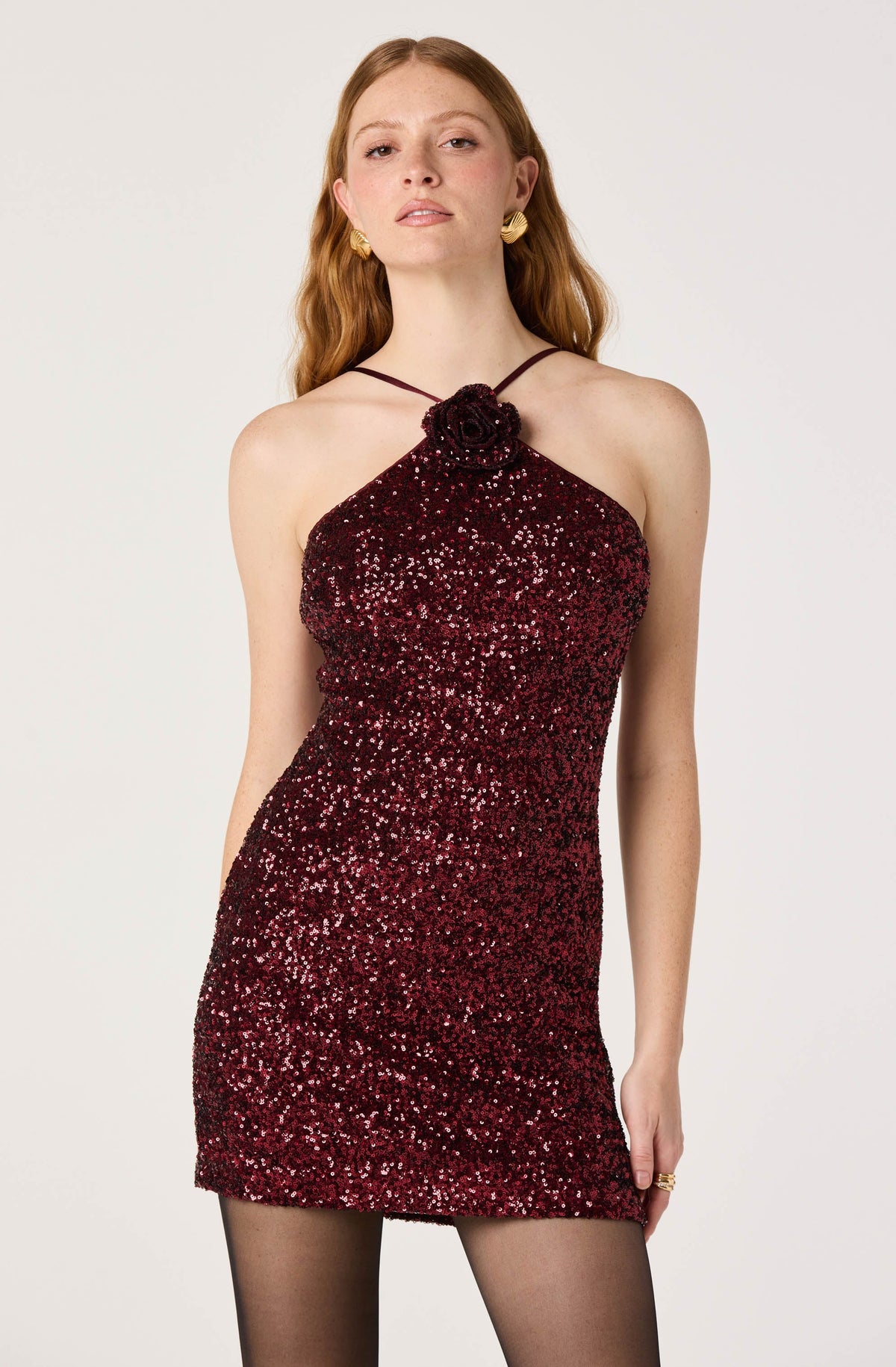 Afloria Rosette Sequin Halter Mini Dress