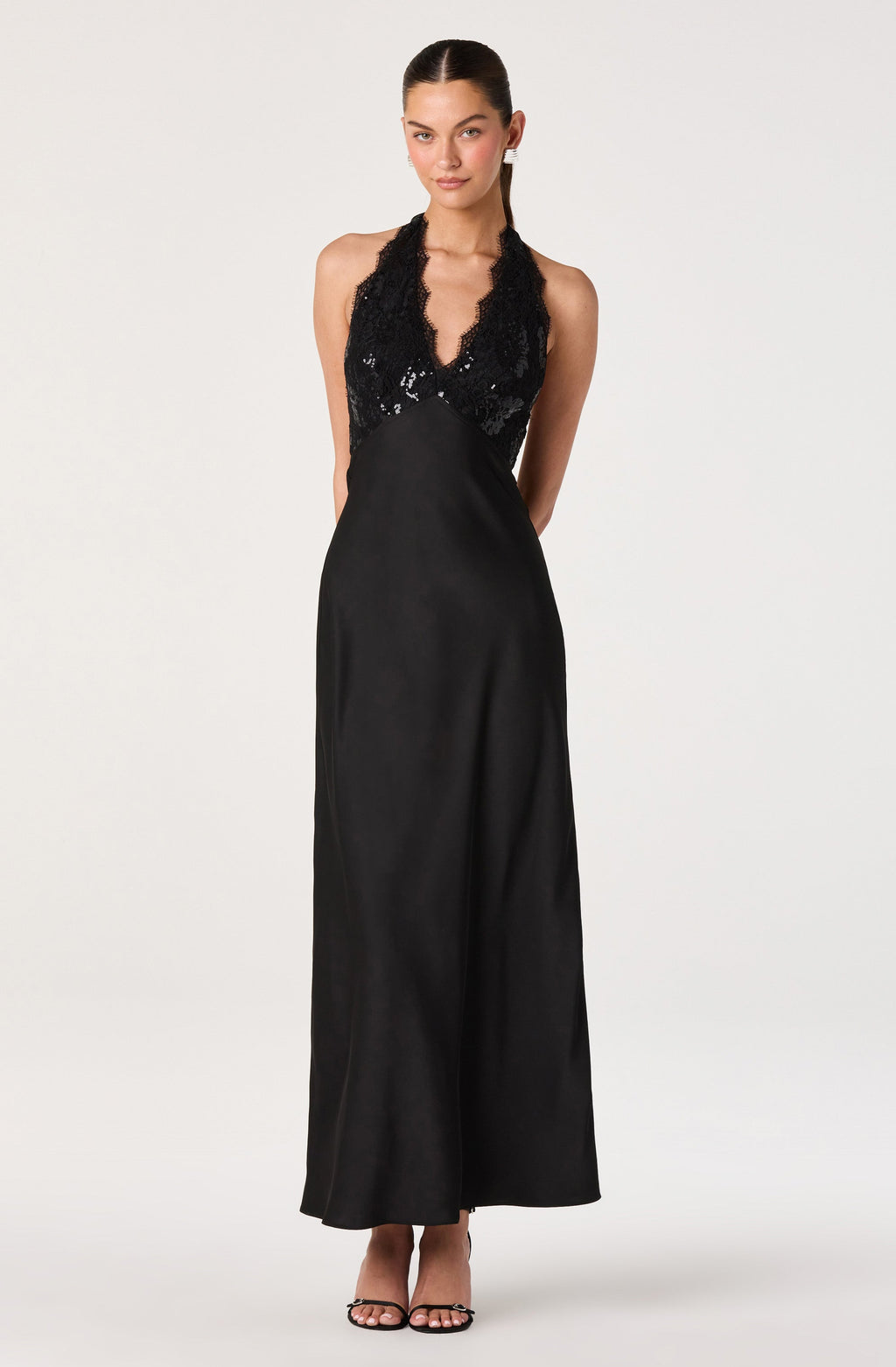 Thyri Sequin Lace Halter Maxi Dress
