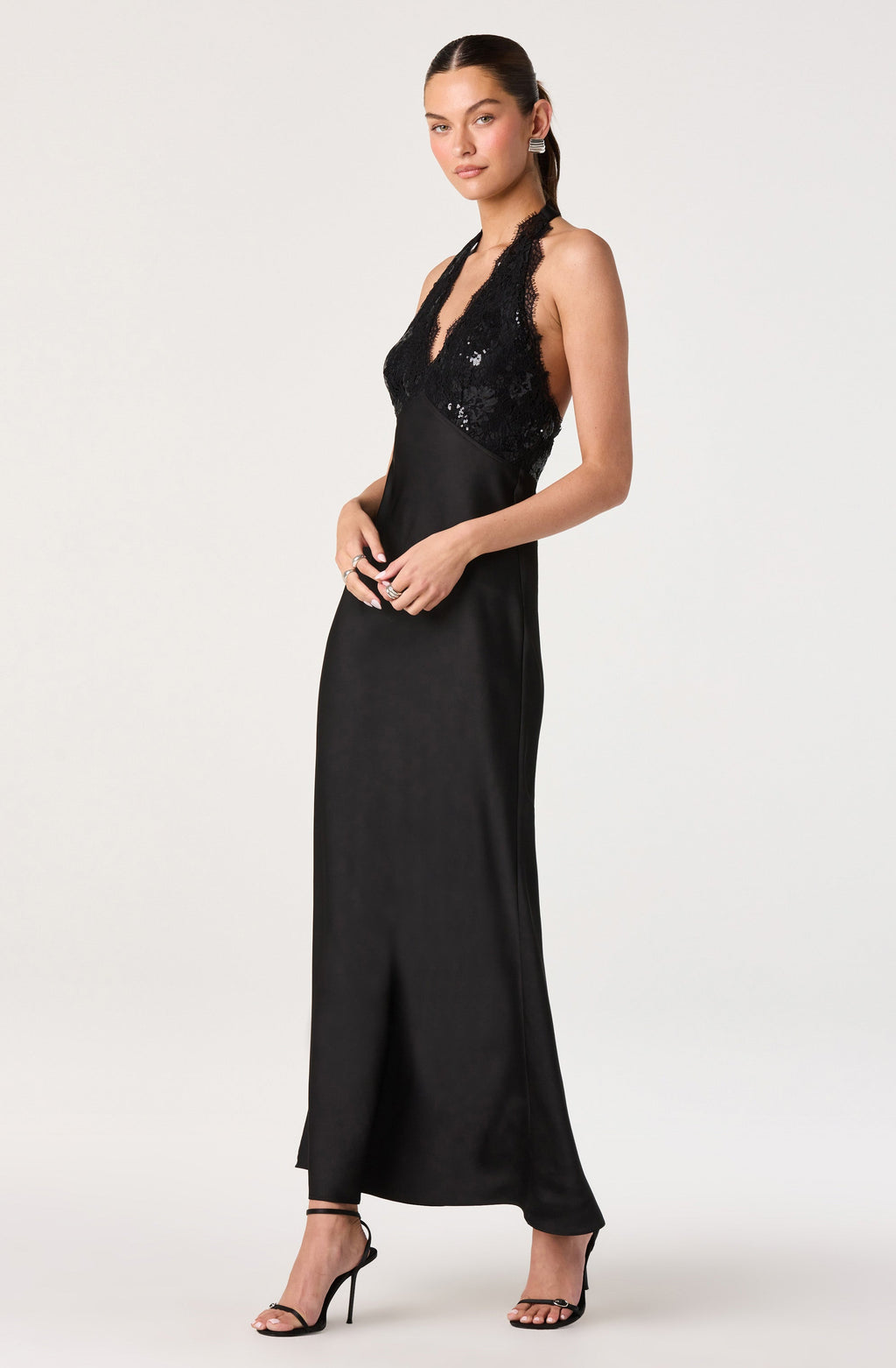 Thyri Sequin Lace Halter Maxi Dress