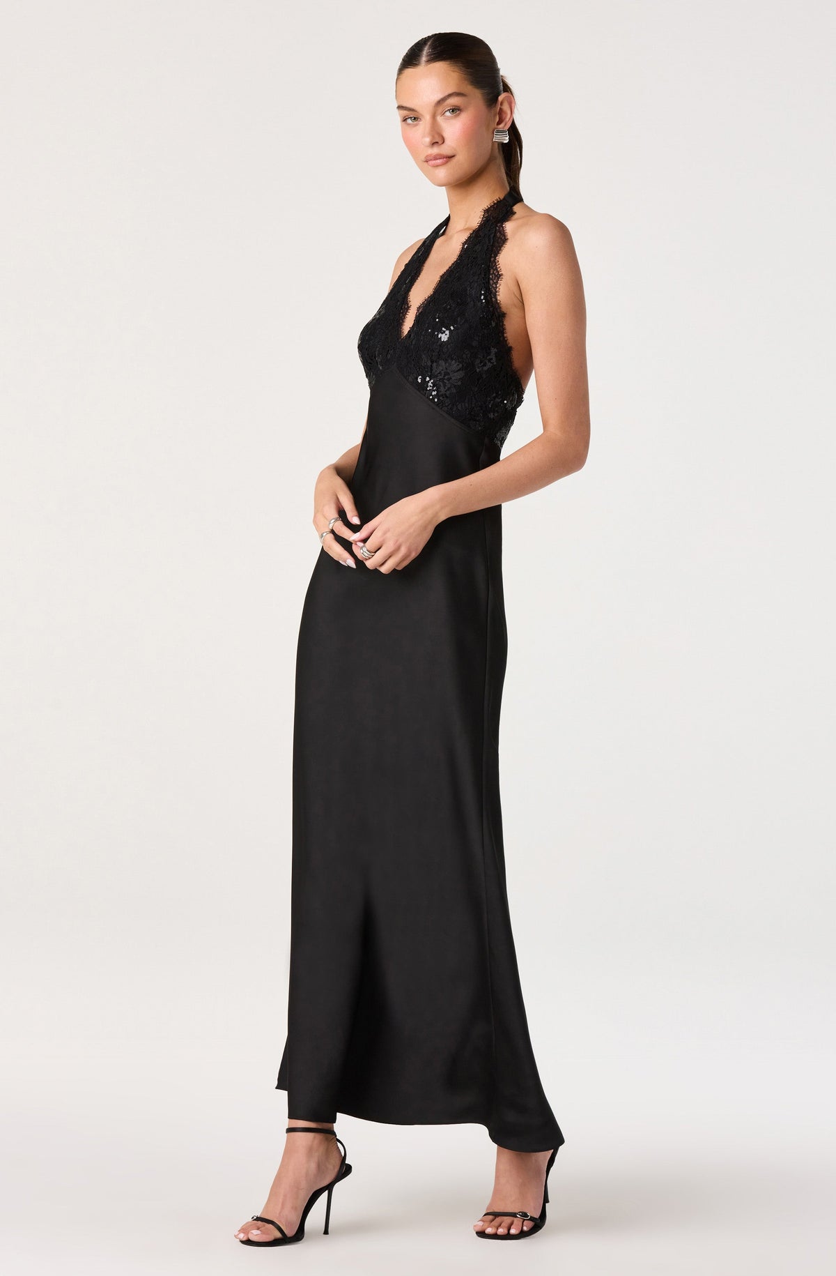 Thyri Sequin Lace Halter Maxi Dress
