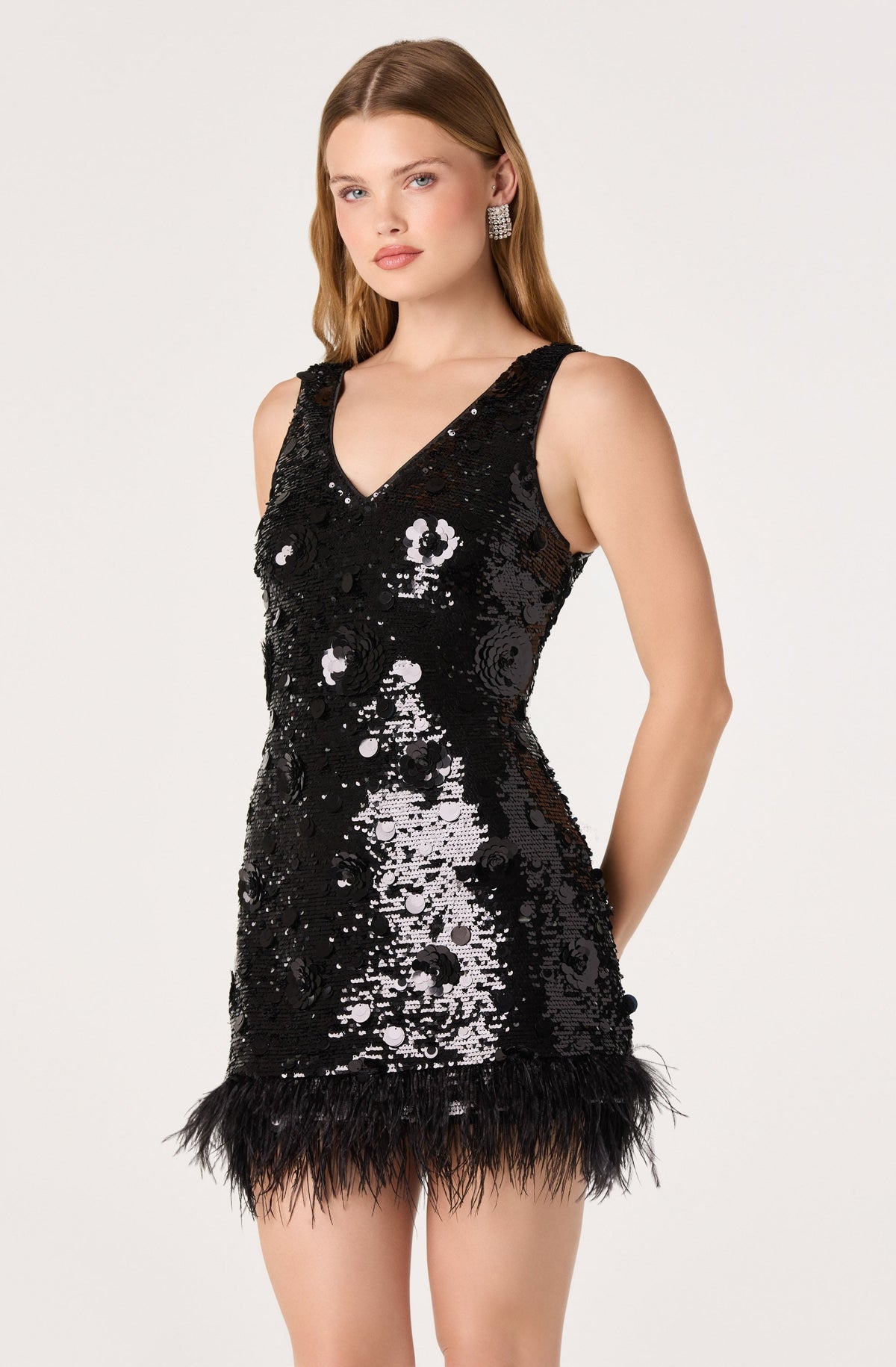 Machelle Sequin Feather Trim Mini Dress