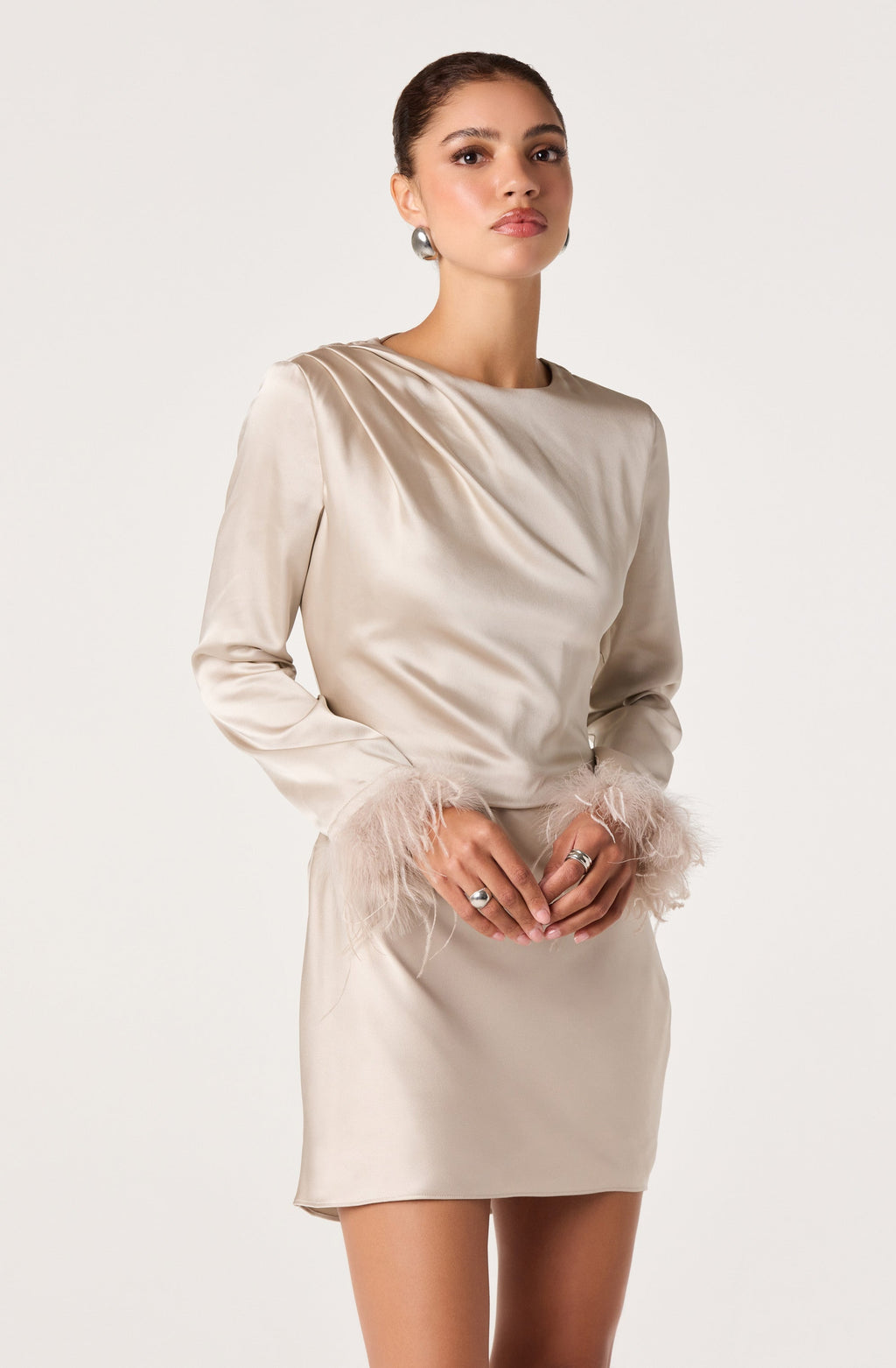 Jeniffer Feather Cuff Satin Mini Dress