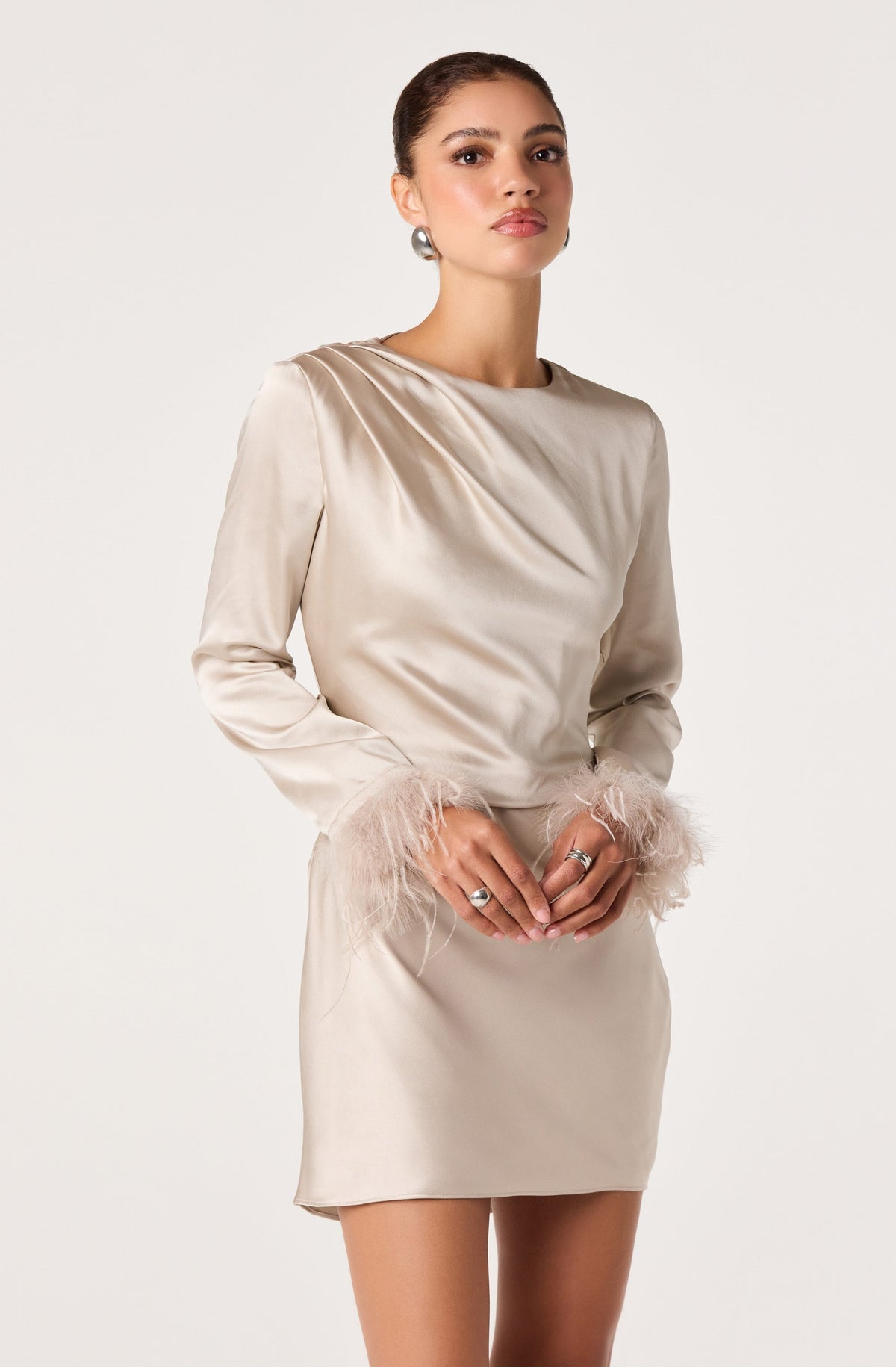 Jeniffer Feather Cuff Satin Mini Dress
