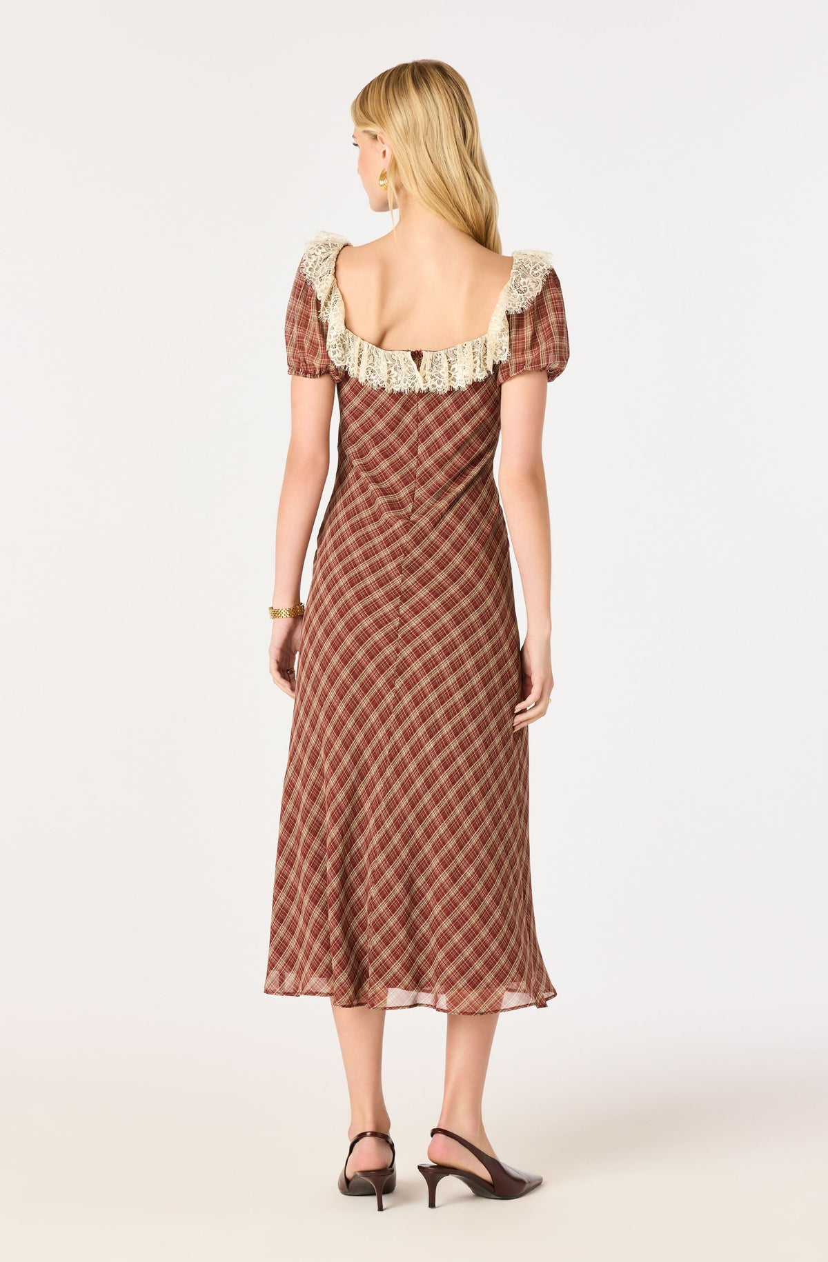 Edwardine Plaid Puff Sleeve Midi Dress