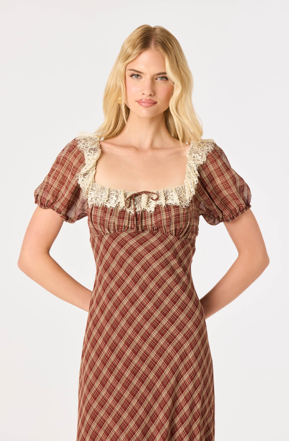 Edwardine Plaid Puff Sleeve Midi Dress