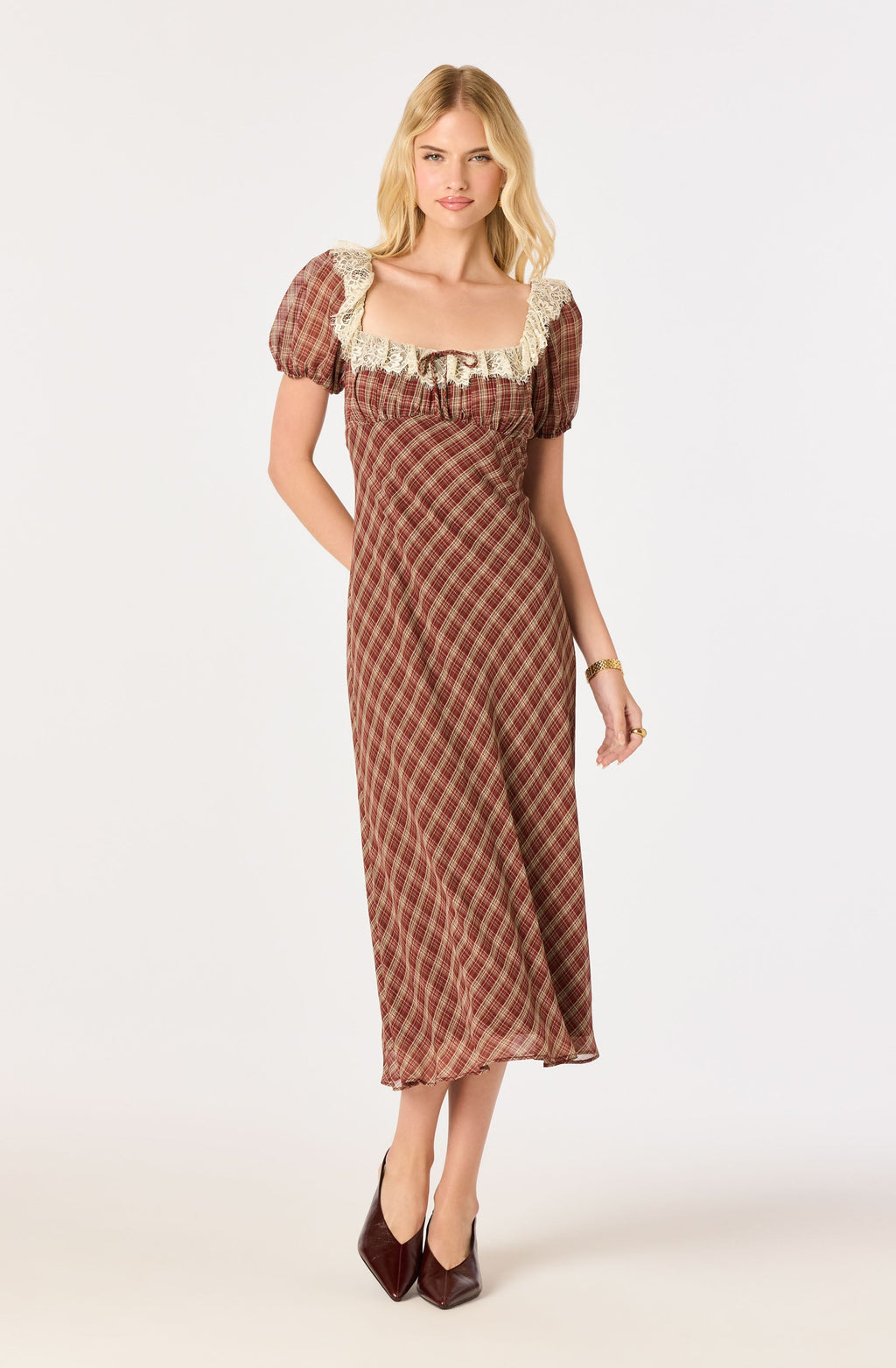 Edwardine Plaid Puff Sleeve Midi Dress
