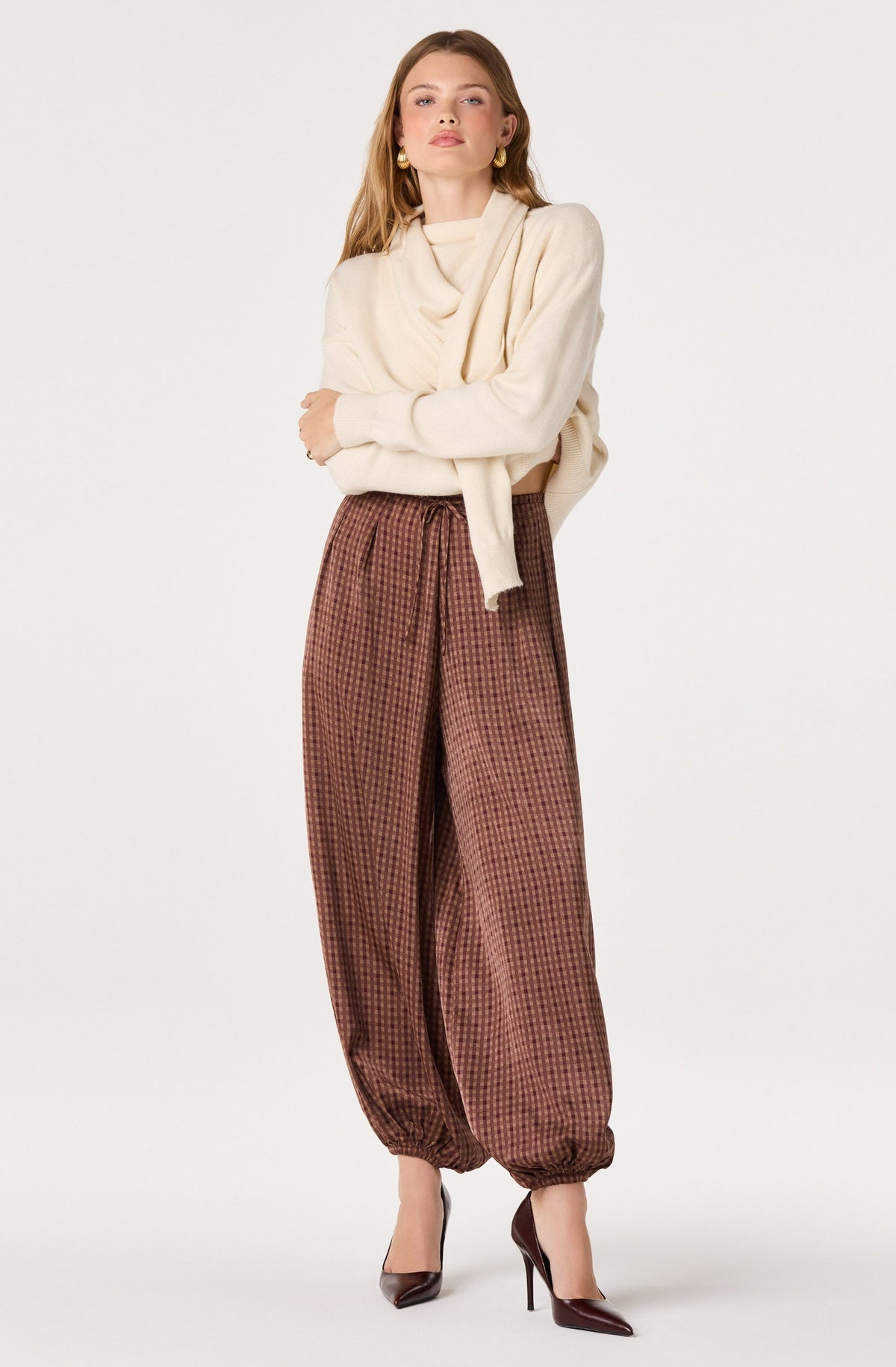 Airen Plaid Satin Drawstring Balloon Pants