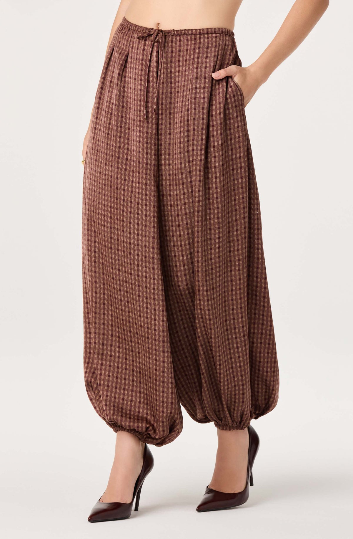 Airen Plaid Satin Drawstring Balloon Pants