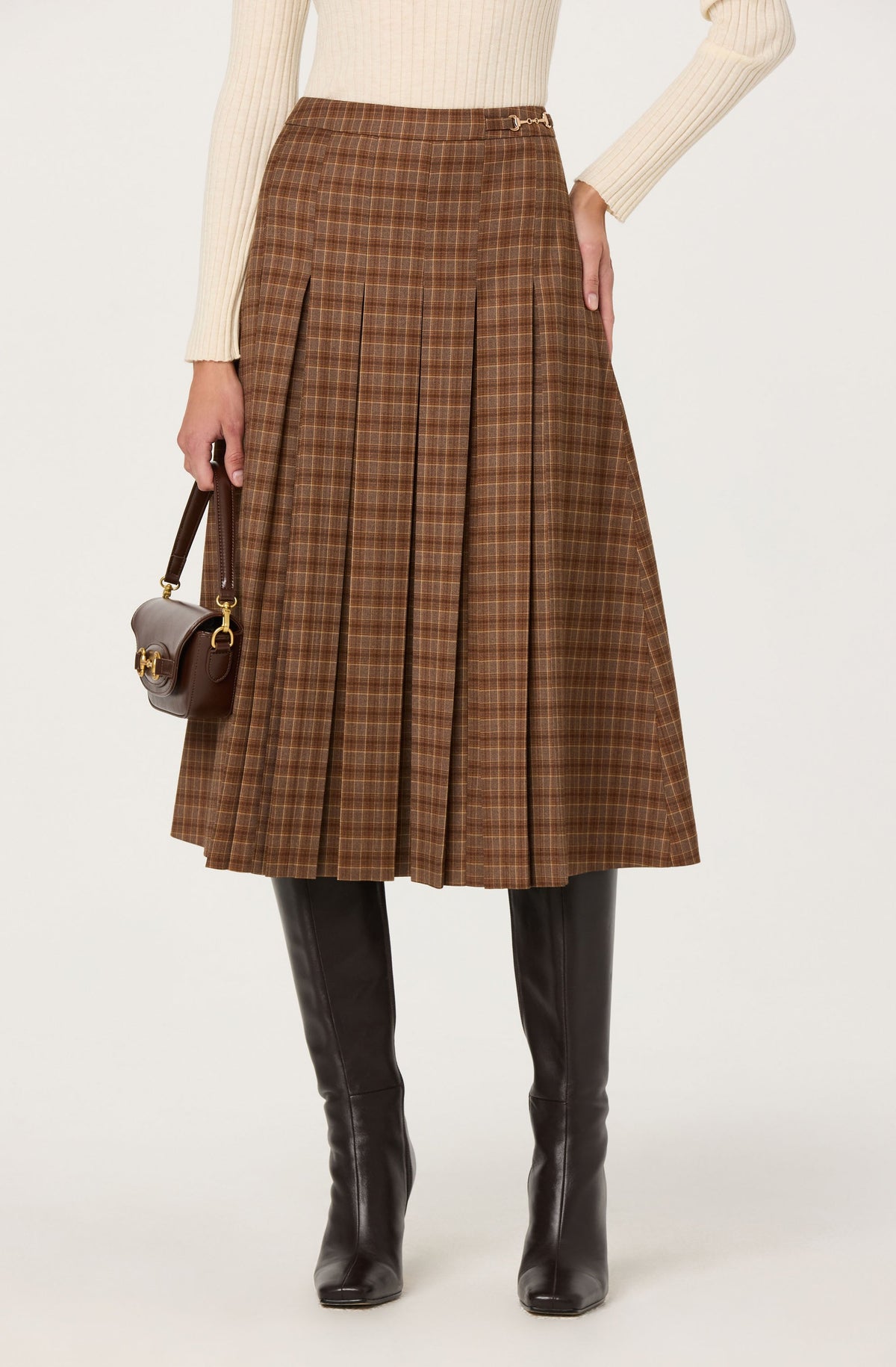 Vena Pleated Plaid Midi Skirt