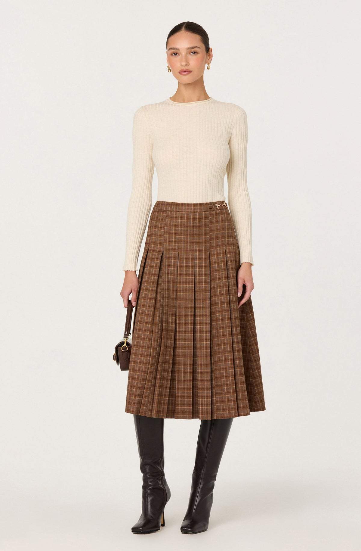 Vena Pleated Plaid Midi Skirt
