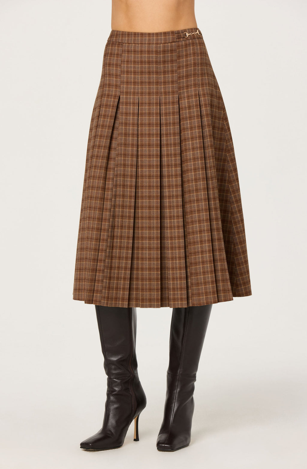 Vena Pleated Plaid Midi Skirt