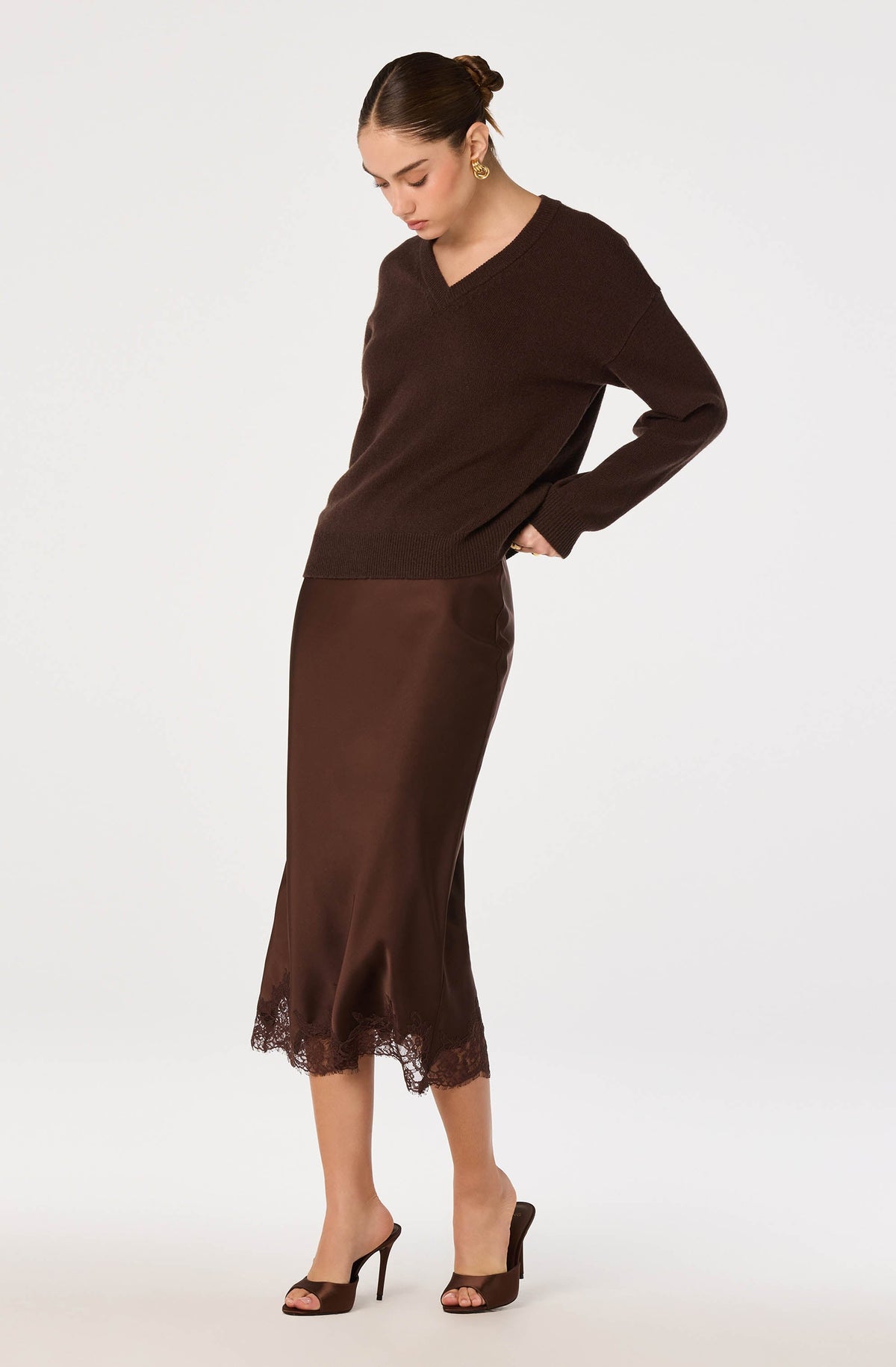 Blossom Satin Lace-Trim Midi Skirt