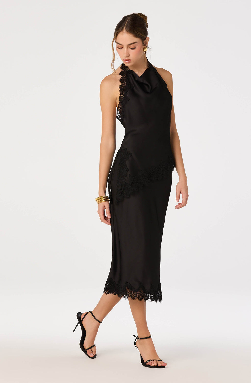 Blossom Satin Lace-Trim Midi Skirt