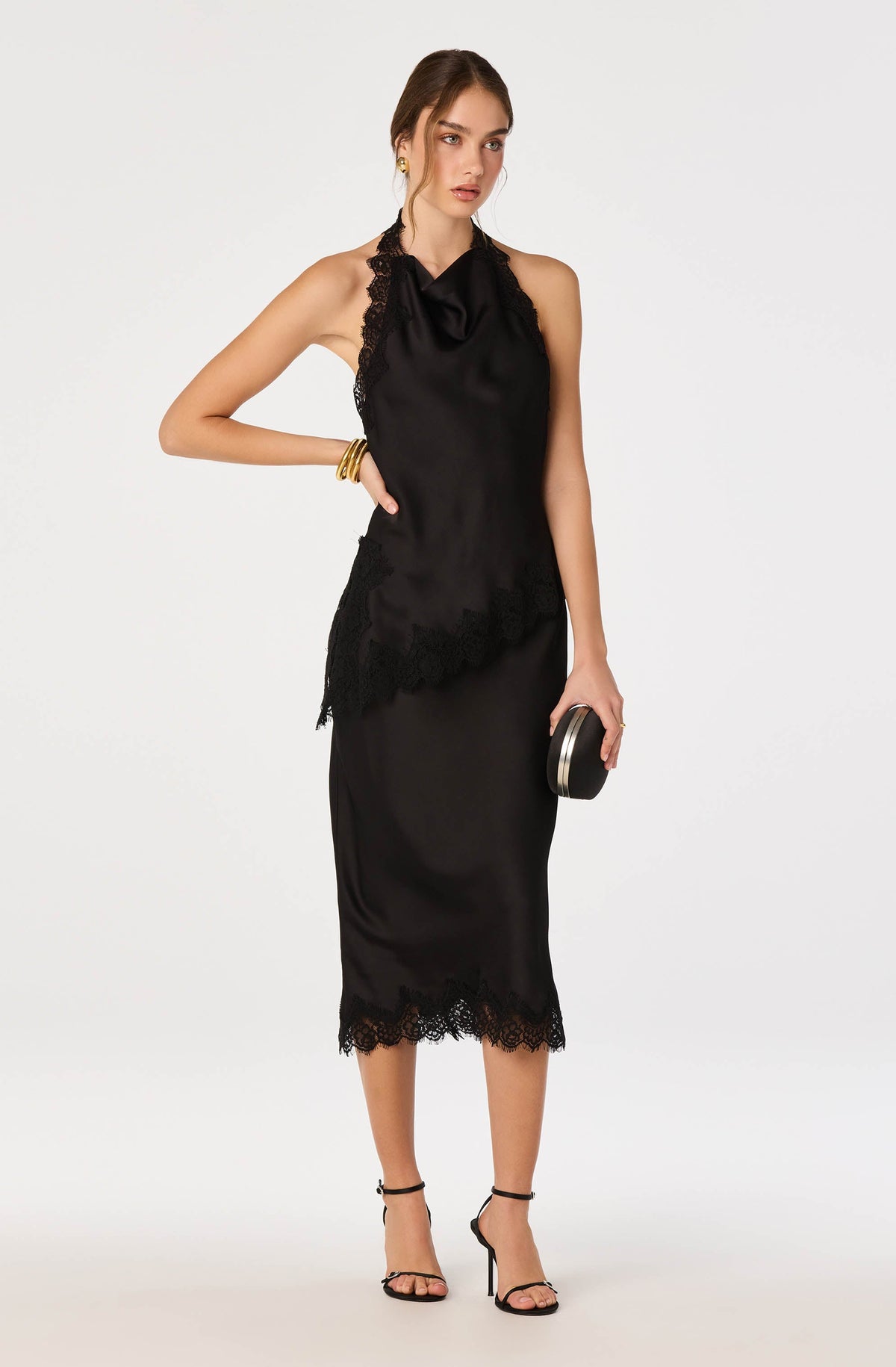 Blossom Satin Lace-Trim Midi Skirt