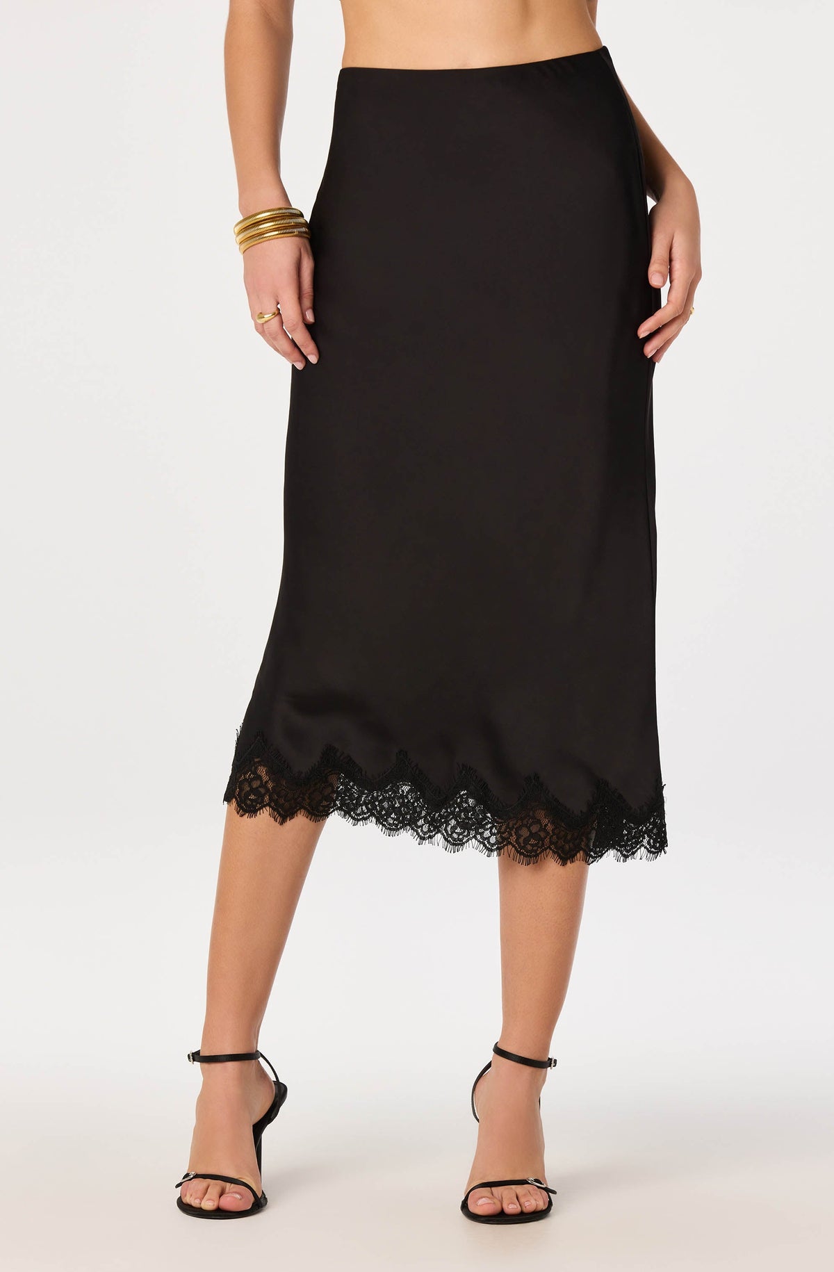 Blossom Satin Lace-Trim Midi Skirt