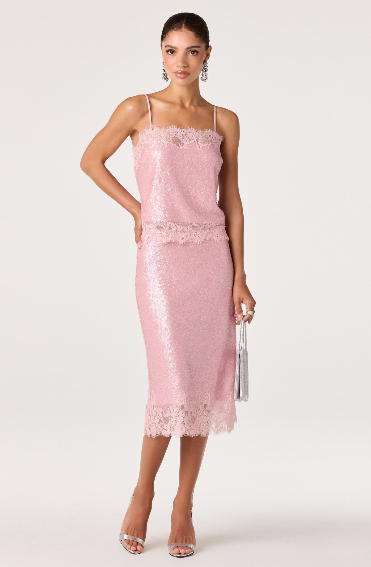 Britney Sequin Lace Trim Midi Skirt