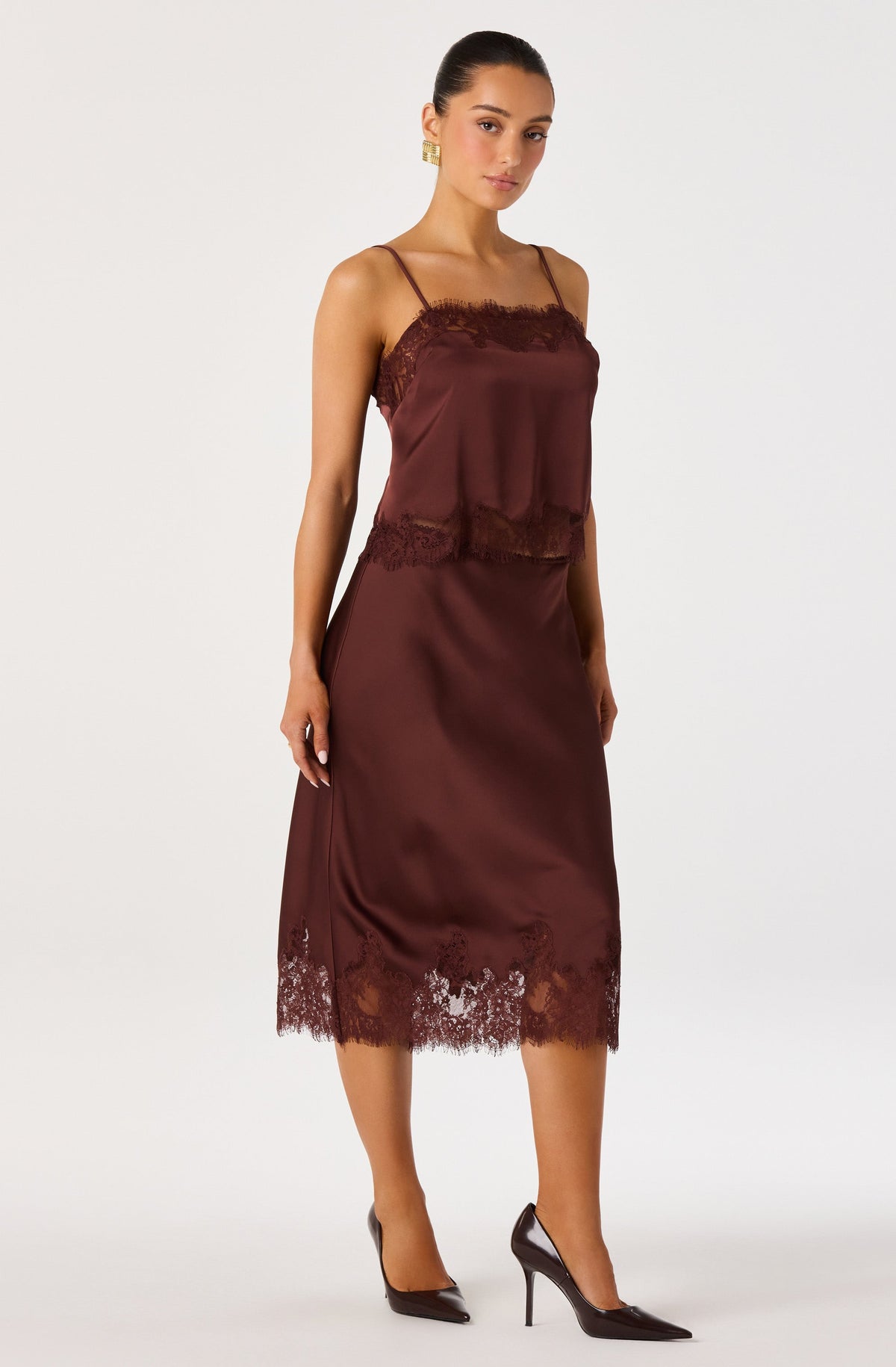 Britney Lace Trim Satin Midi Skirt
