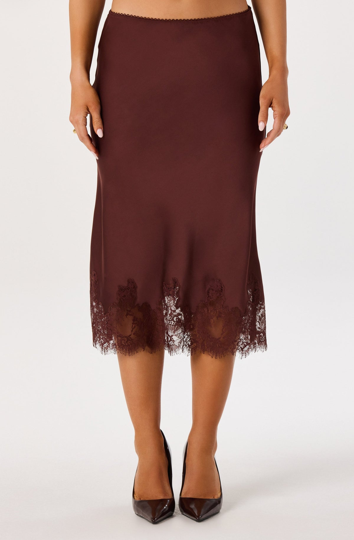 Britney Lace Trim Satin Midi Skirt