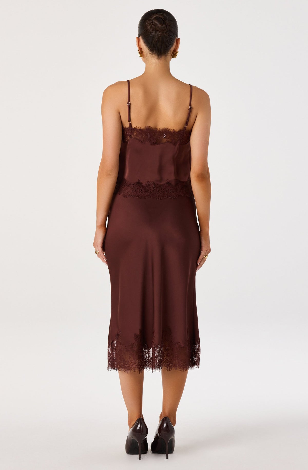Britney Lace Trim Satin Midi Skirt