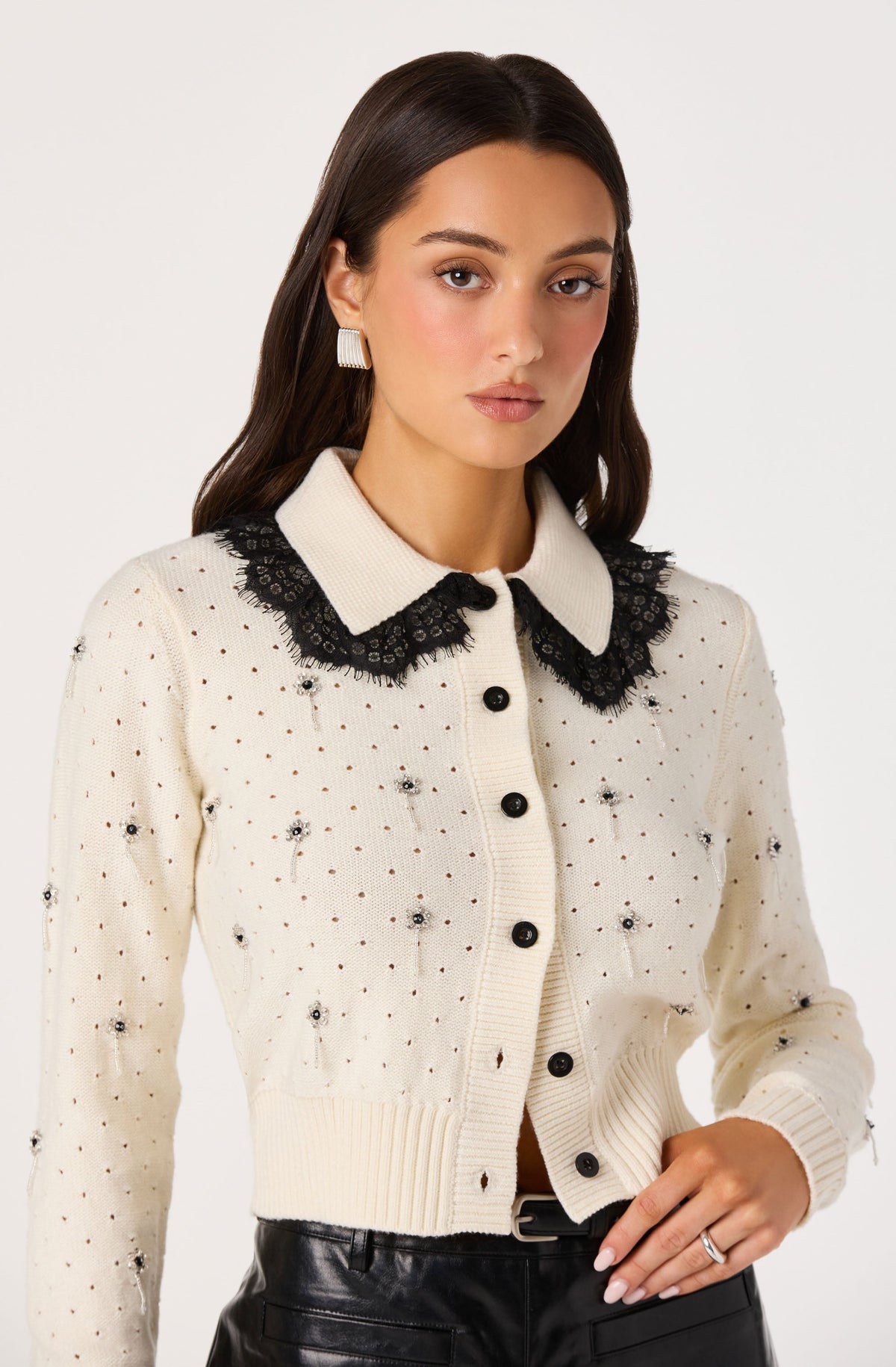 Dallyn Lace Collar Embellished Pointelle Cardigan