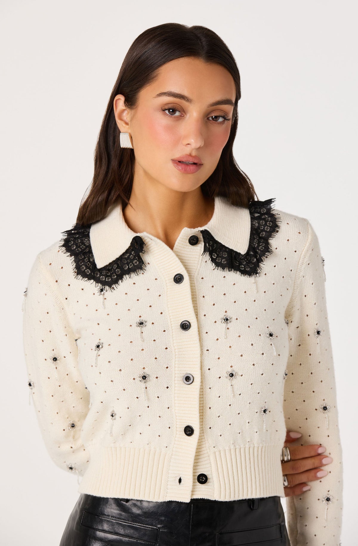 Dallyn Lace Collar Embellished Pointelle Cardigan