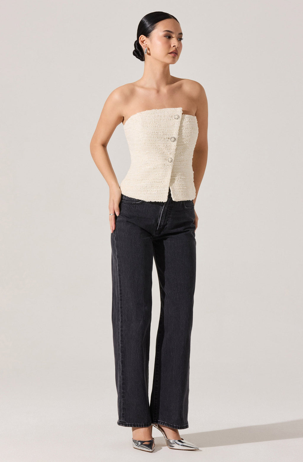 Moina Asymmetrical Strapless Tweed Top