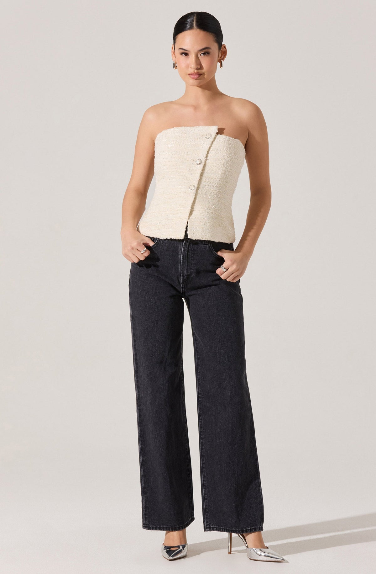 Moina Asymmetrical Strapless Tweed Top