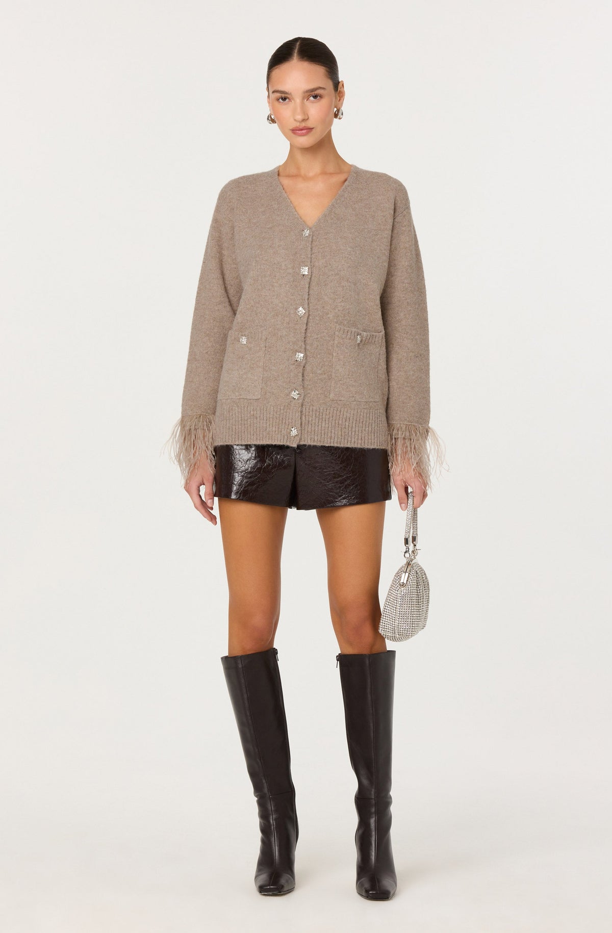 Grie Embellished Feather Trim Cardigan