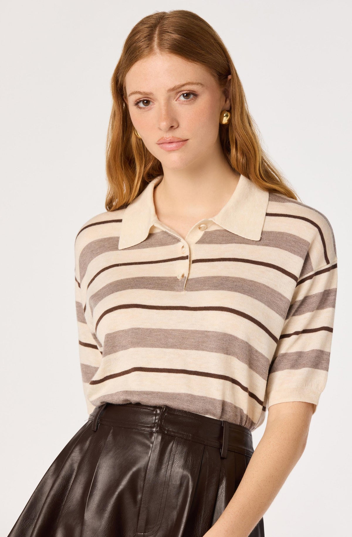 Scottie Striped Knit Polo Sweater - Cream brown stripe