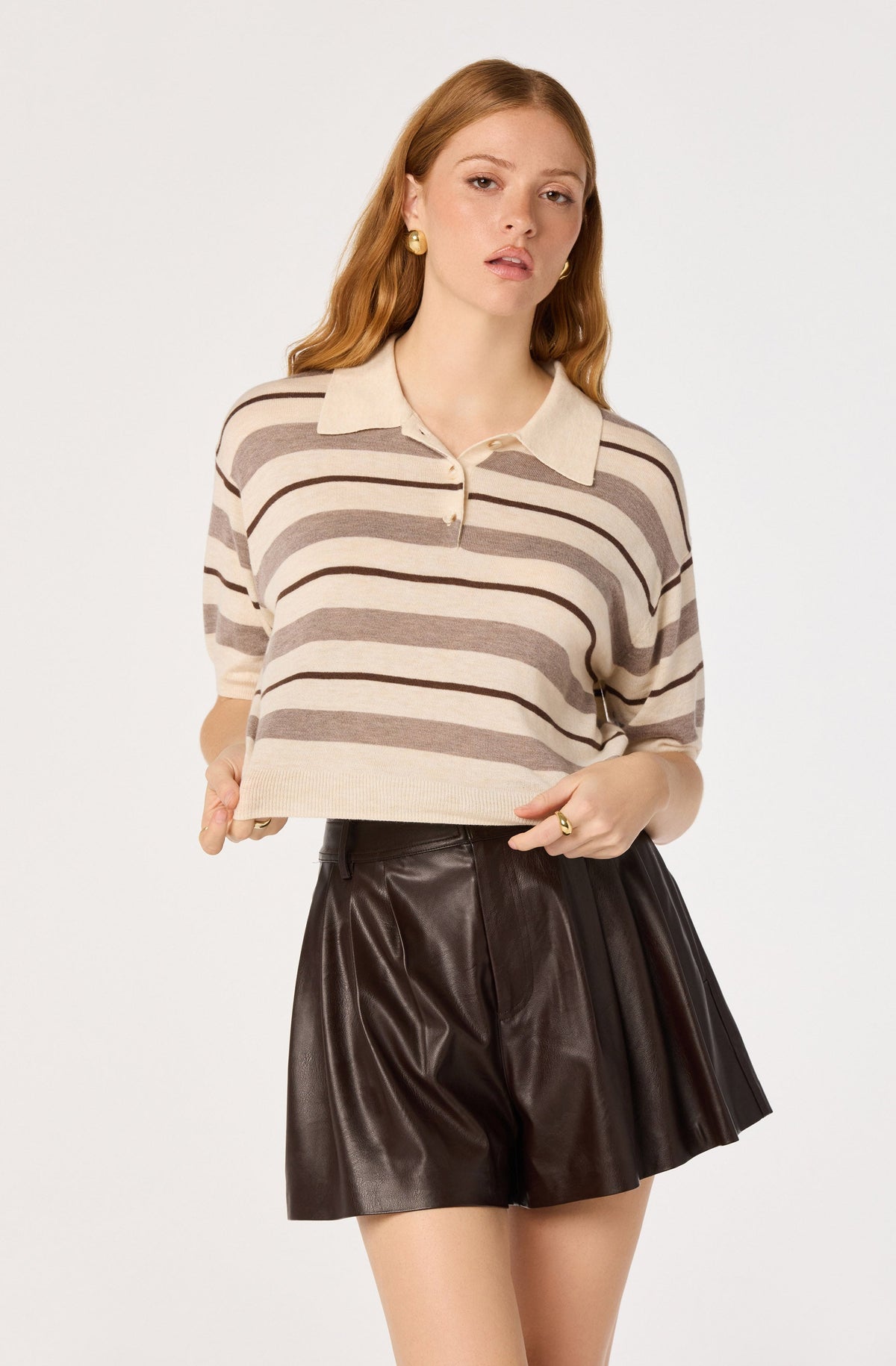 Scottie Striped Knit Polo Sweater - Cream brown stripe