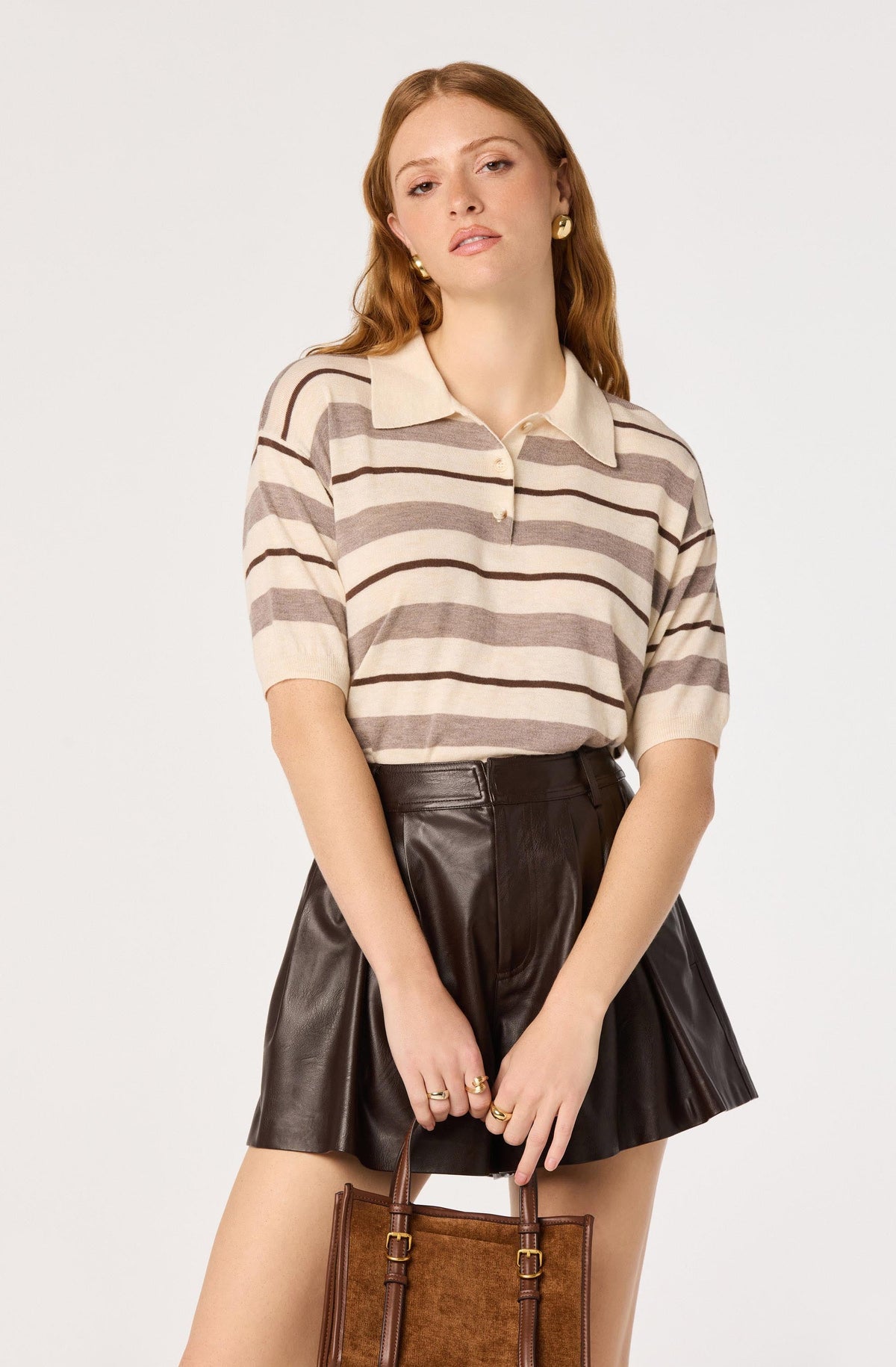 Scottie Striped Knit Polo Sweater - Cream brown stripe