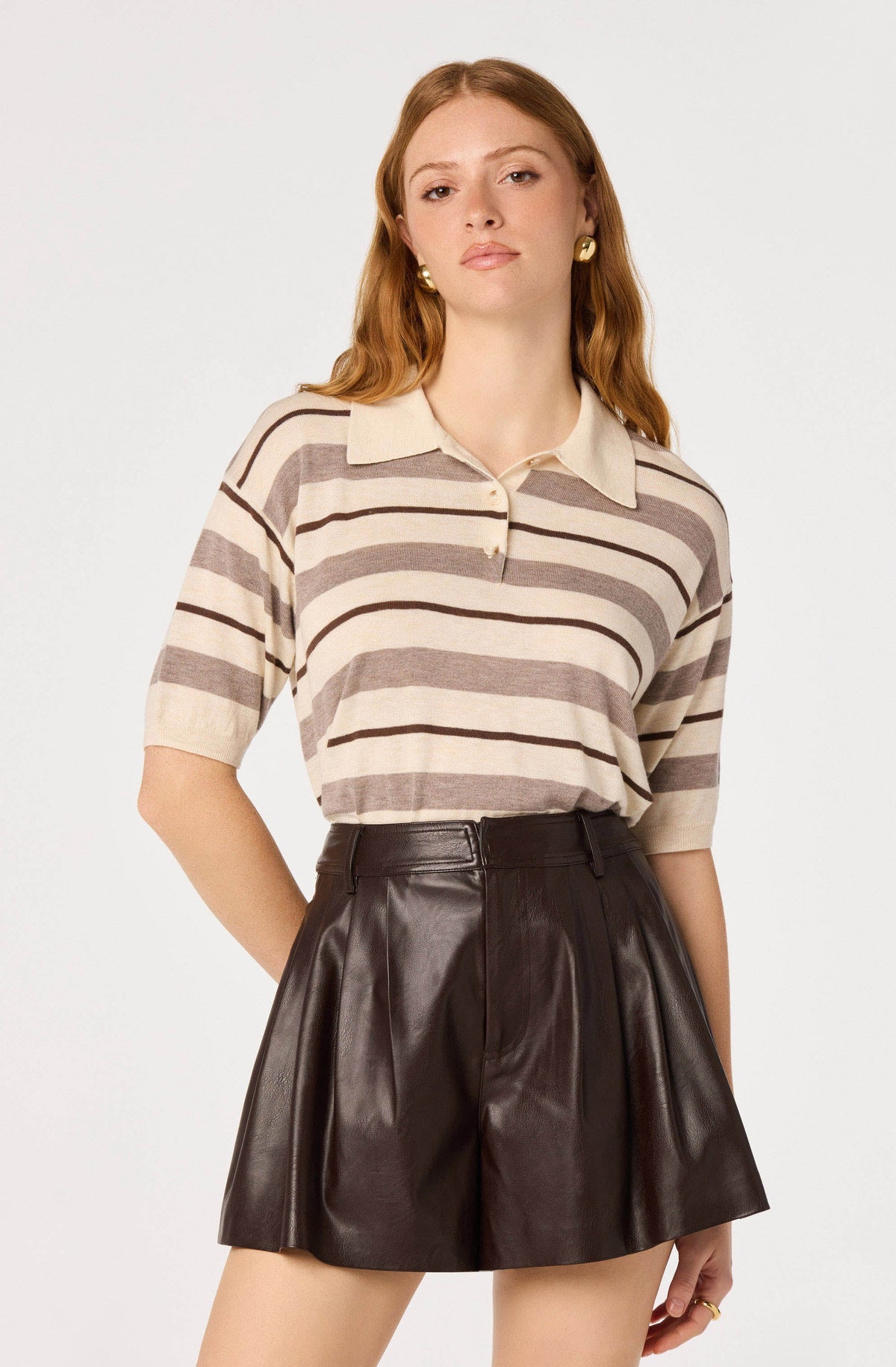 Scottie Striped Knit Polo Sweater - Cream brown stripe
