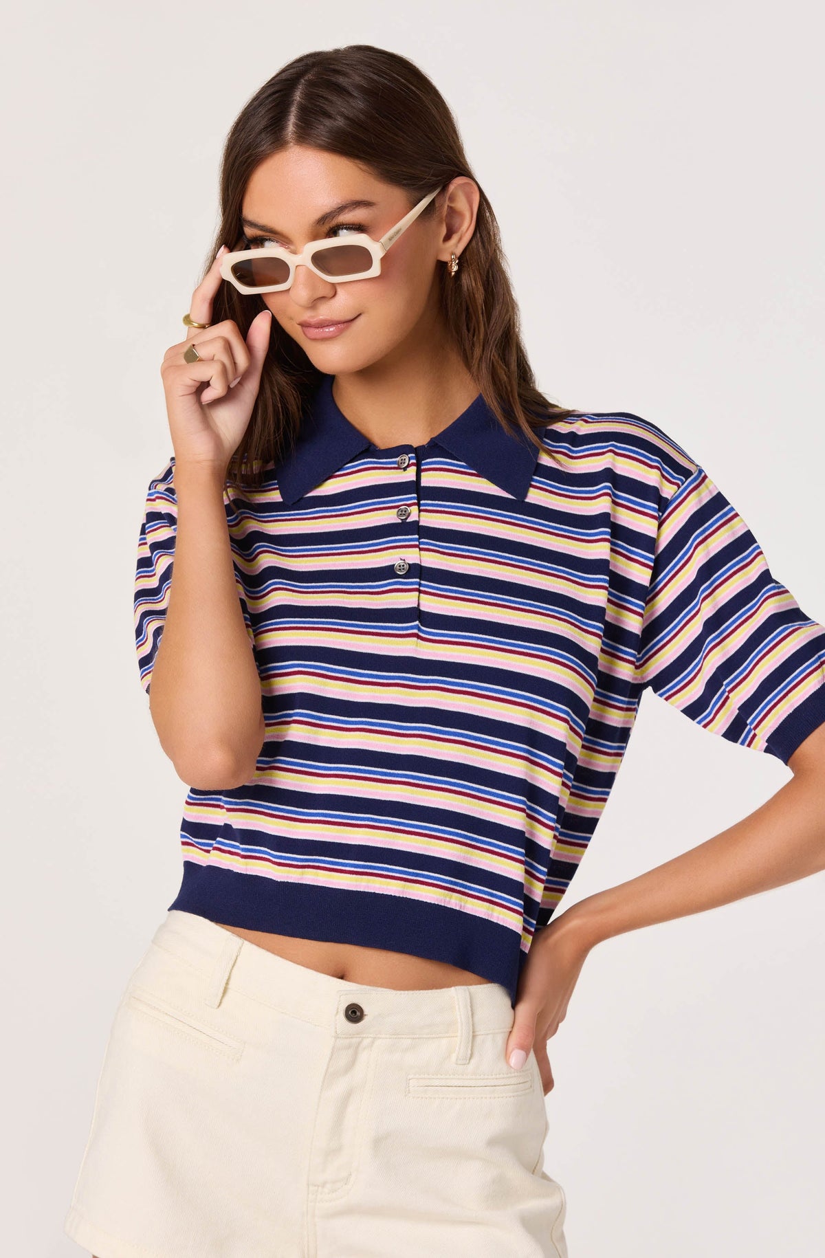 Scottie Striped Knit Polo Sweater - Navy multi stripe