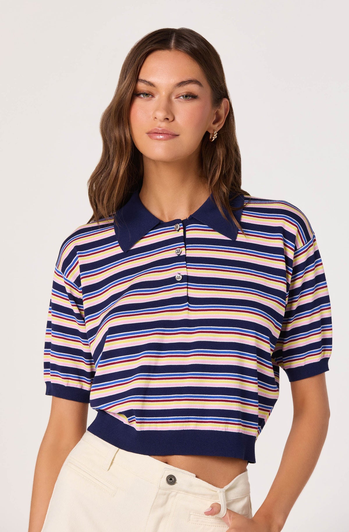 Scottie Striped Knit Polo Sweater - Navy multi stripe