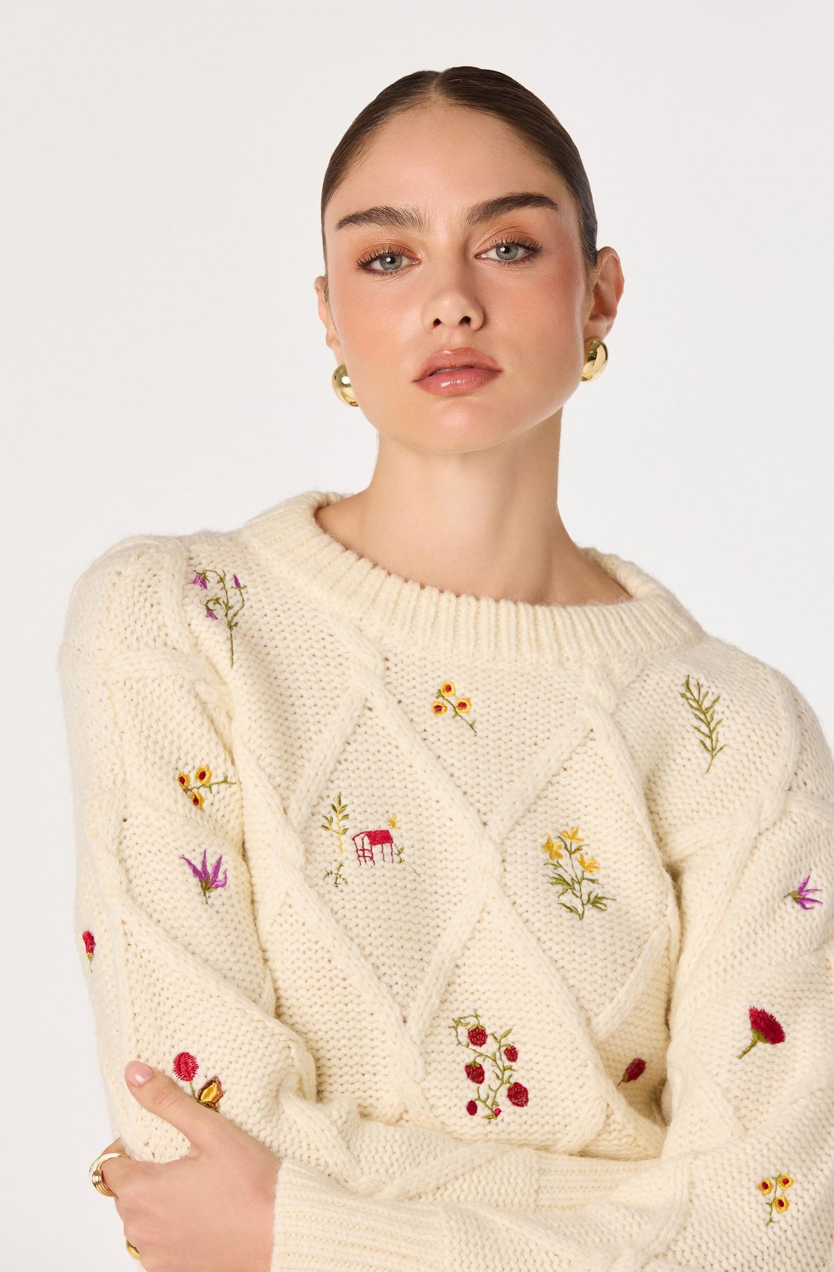Rose Embroidered Diamond Knit Sweater
