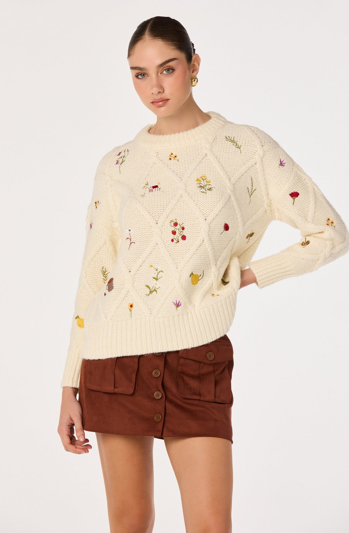 Rose Embroidered Diamond Knit Sweater