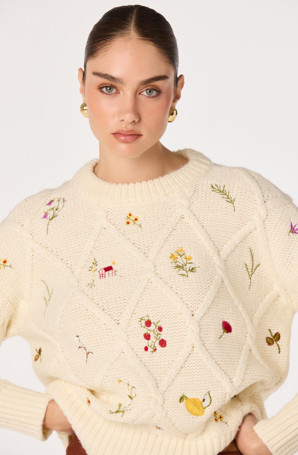 Rose Embroidered Diamond Knit Sweater