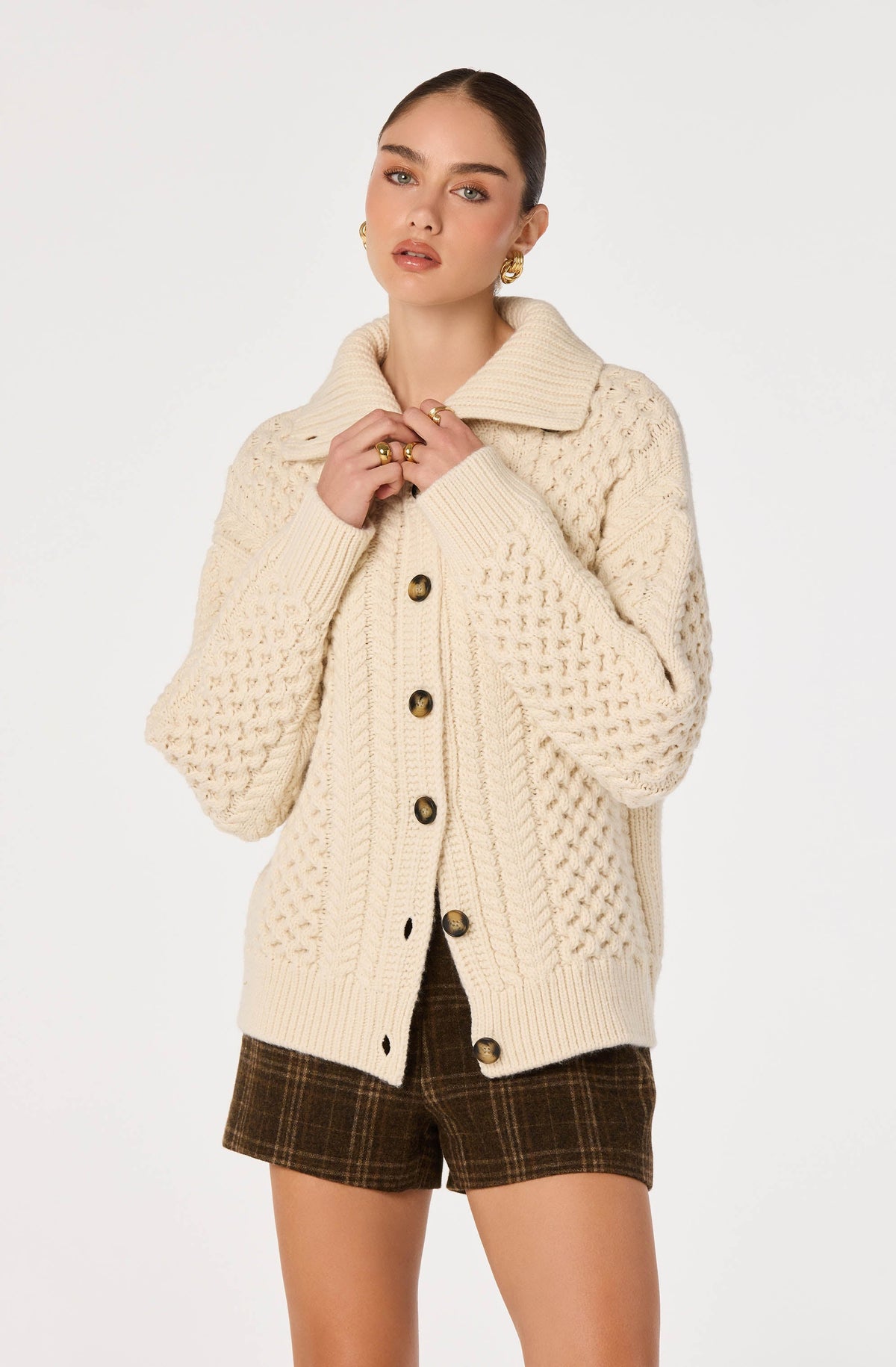 Crystelle Cable Knit Funnel Collar Cardigan